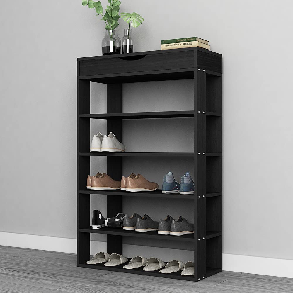 5-Tier Wooden Shoe Rack with Storage Cabinet - 29.5 Inch Vertical Free Standing Shoe Organizer for Entryway, Living Room, Hallway | Space Saving Shoe Shelf for Small Spaces | Sturdy Shoe Storage Cabinet for Home & Apartment (Black)