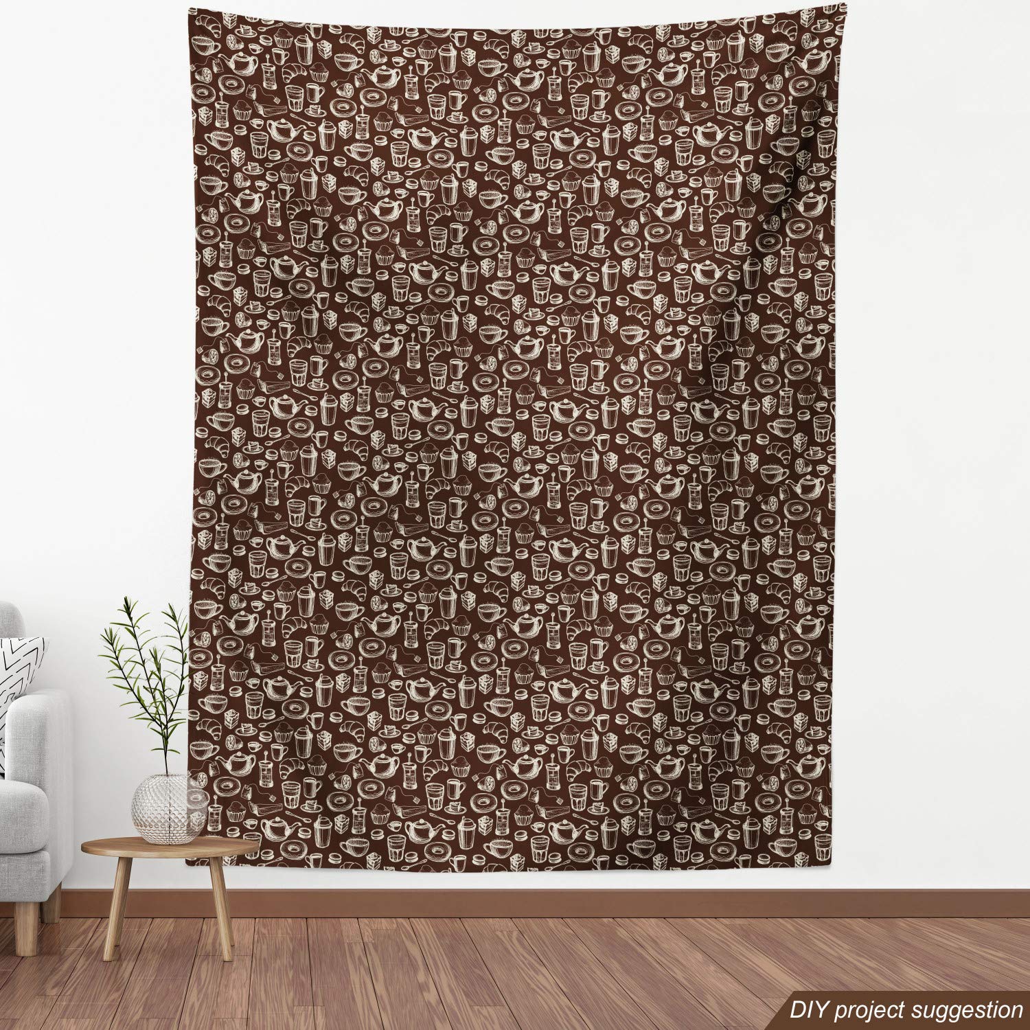 Ambesonne Brown and White Fabric by The Yard - Hand Drawn Coffee, Tea Cups, Donuts & Sweets Pattern - Decorative Upholstery & Home Accent Fabric - 10 Yards - Dark Brown & White - Perfect for DIY Projects, Curtains, Pillows & Table Runners