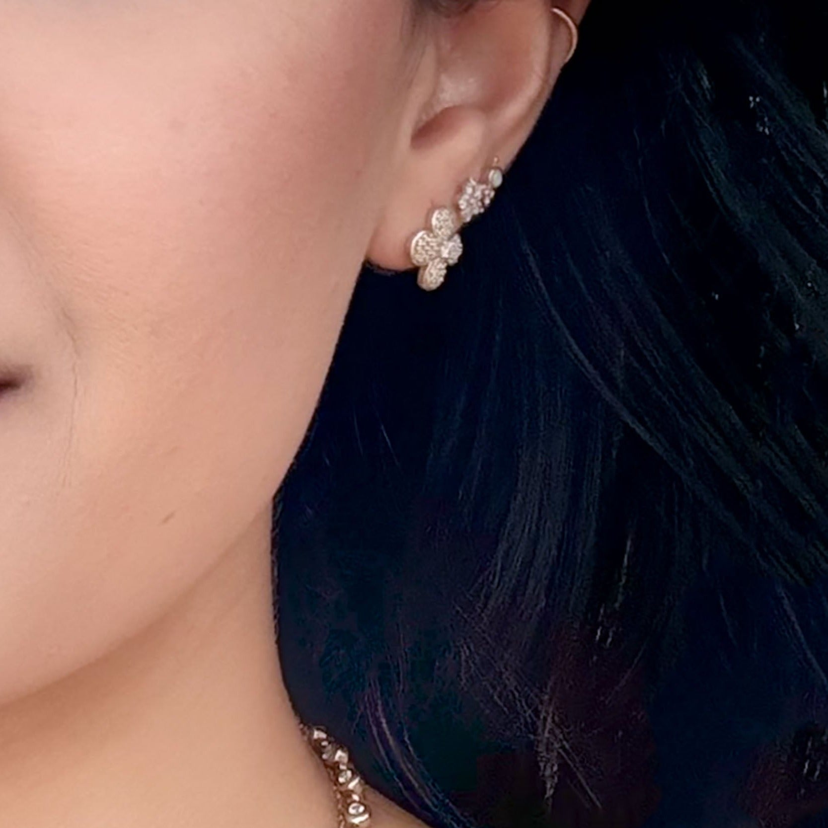 10k Yellow Gold Four Petal Flower Diamond Pave Stud Earrings - Elegant Dainty Jewelry for Women, Perfect for Weddings, Anniversaries & Everyday Wear