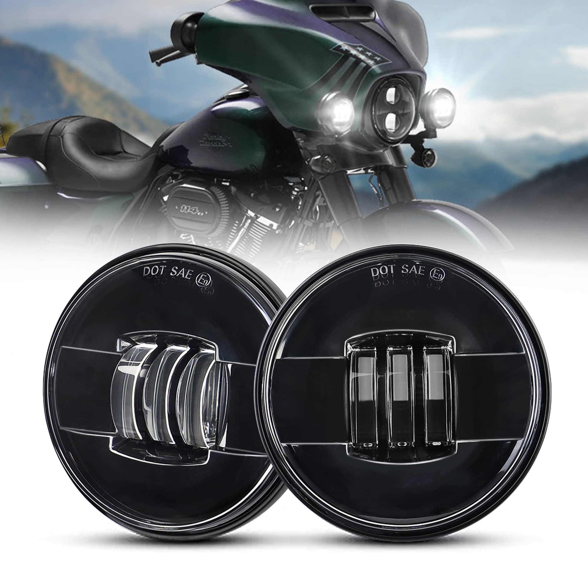 4.5 Inch LED Motorcycle Auxiliary Fog Lights - Black Projector Driving Lamps for Harley Davidson Road King, Electra Glide, Softail & Fatboy - Enhance Visibility for Night Riding & Bad Weather Conditions