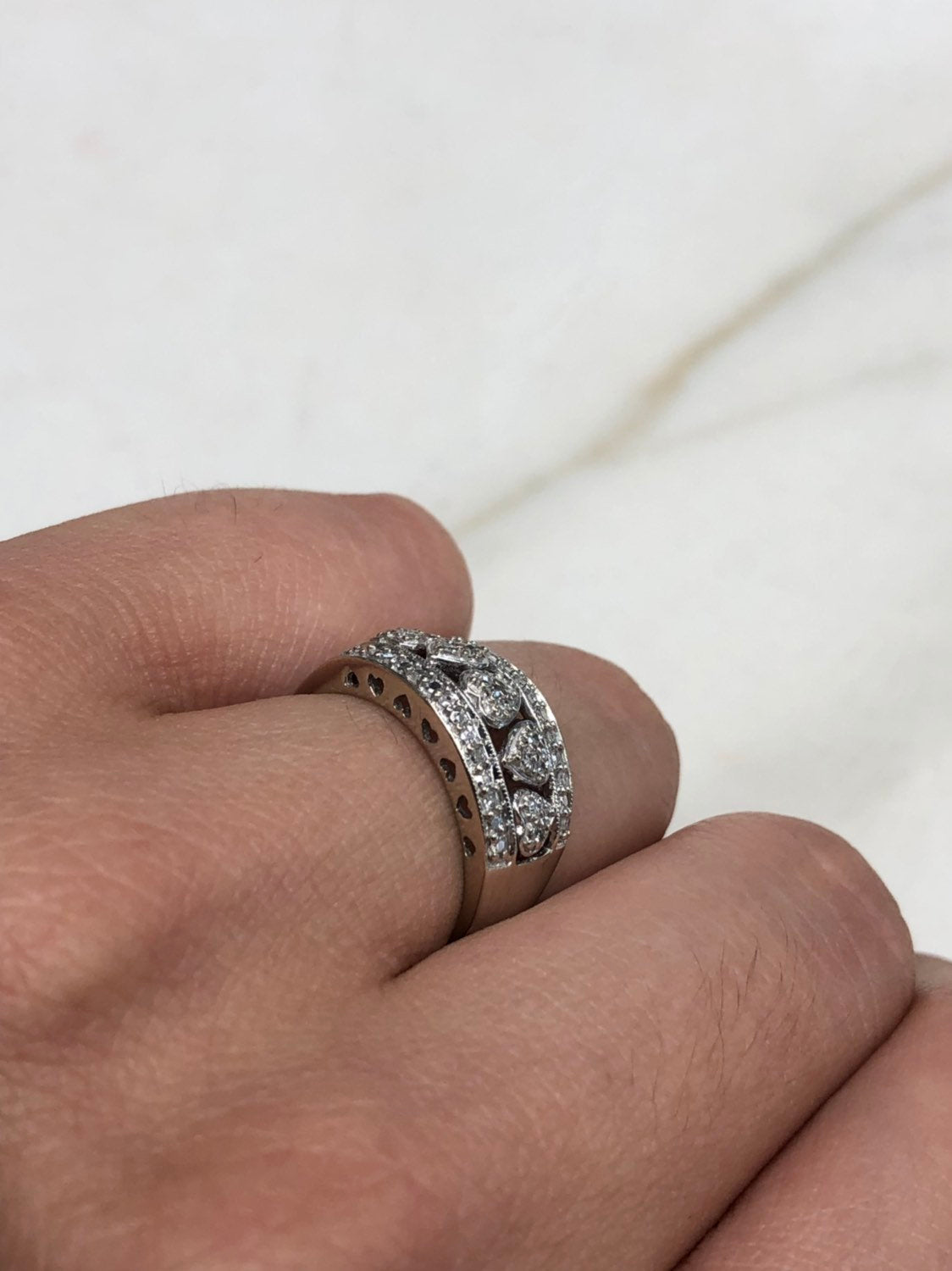 14K White Gold Diamond Heart Wide Wedding Band for Women - Elegant Bridal Ring for Engagement, Anniversary & Special Occasions