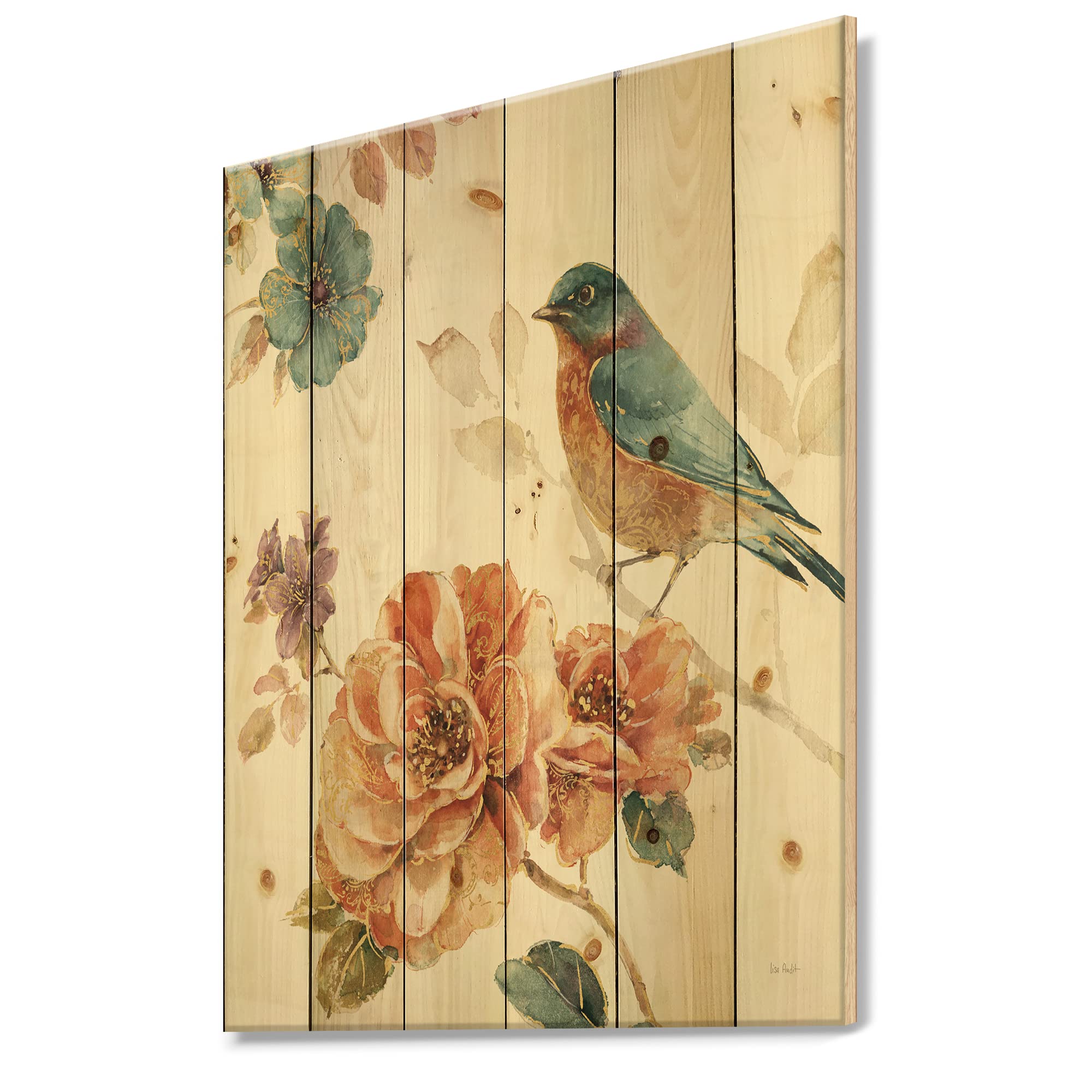 DesignQ Cottage Bird on Orange Flower Twig Farmhouse Wood Wall Decor - Multi-Color Wood Wall Art for Living Room, Bedroom - Large Animal Wood Panels Printed on Natural Pine Wood - Rustic Home Decor for Country House, Cabin & Nursery