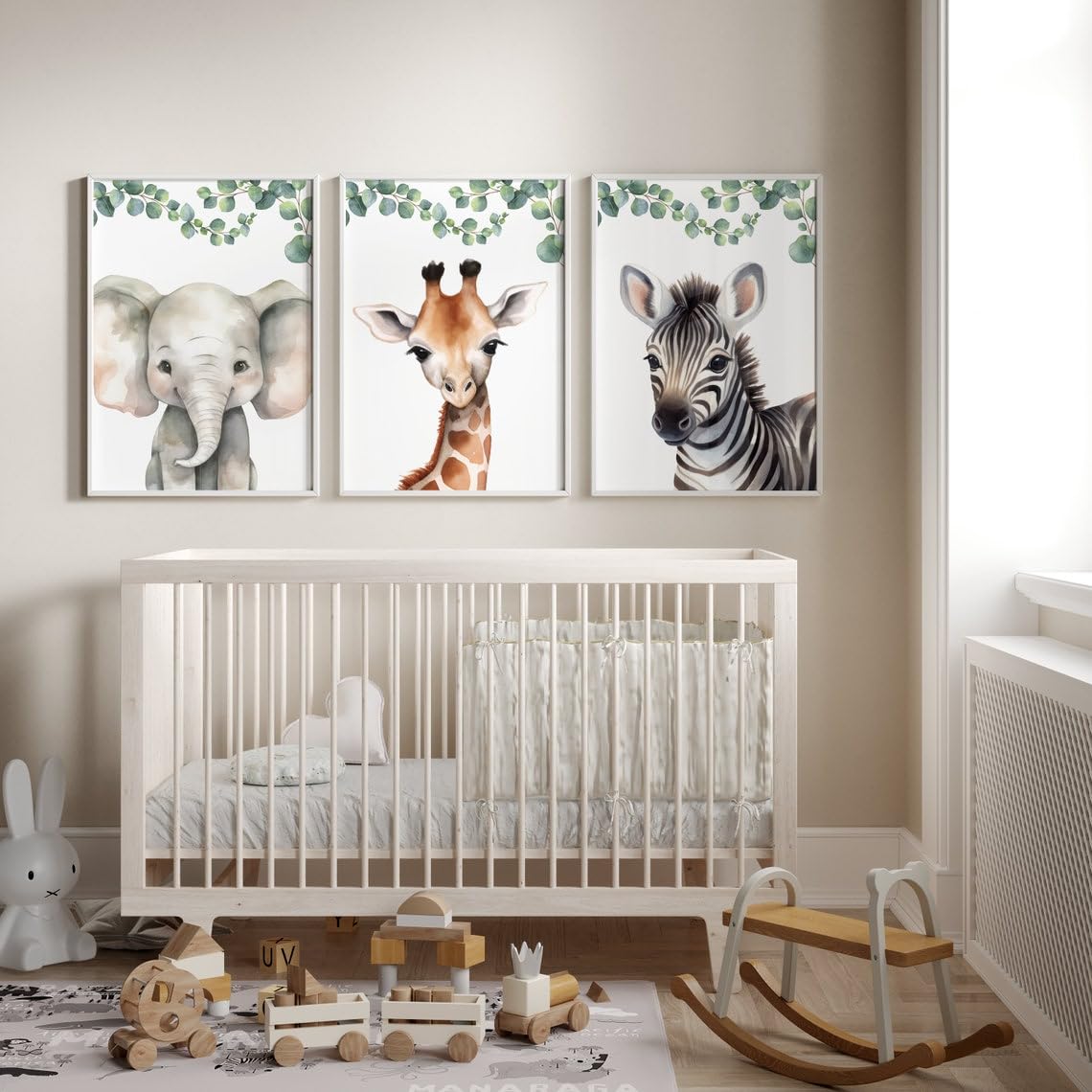 Set of 3 Safari Animal Canvas Prints - Jungle Theme Nursery Wall Art with Giraffe & Zebra - Gender Neutral Kids Room Decor - Ready to Hang Paintings for Boys & Girls Bedrooms - Perfect for Nursery, Playroom or Classroom Decor