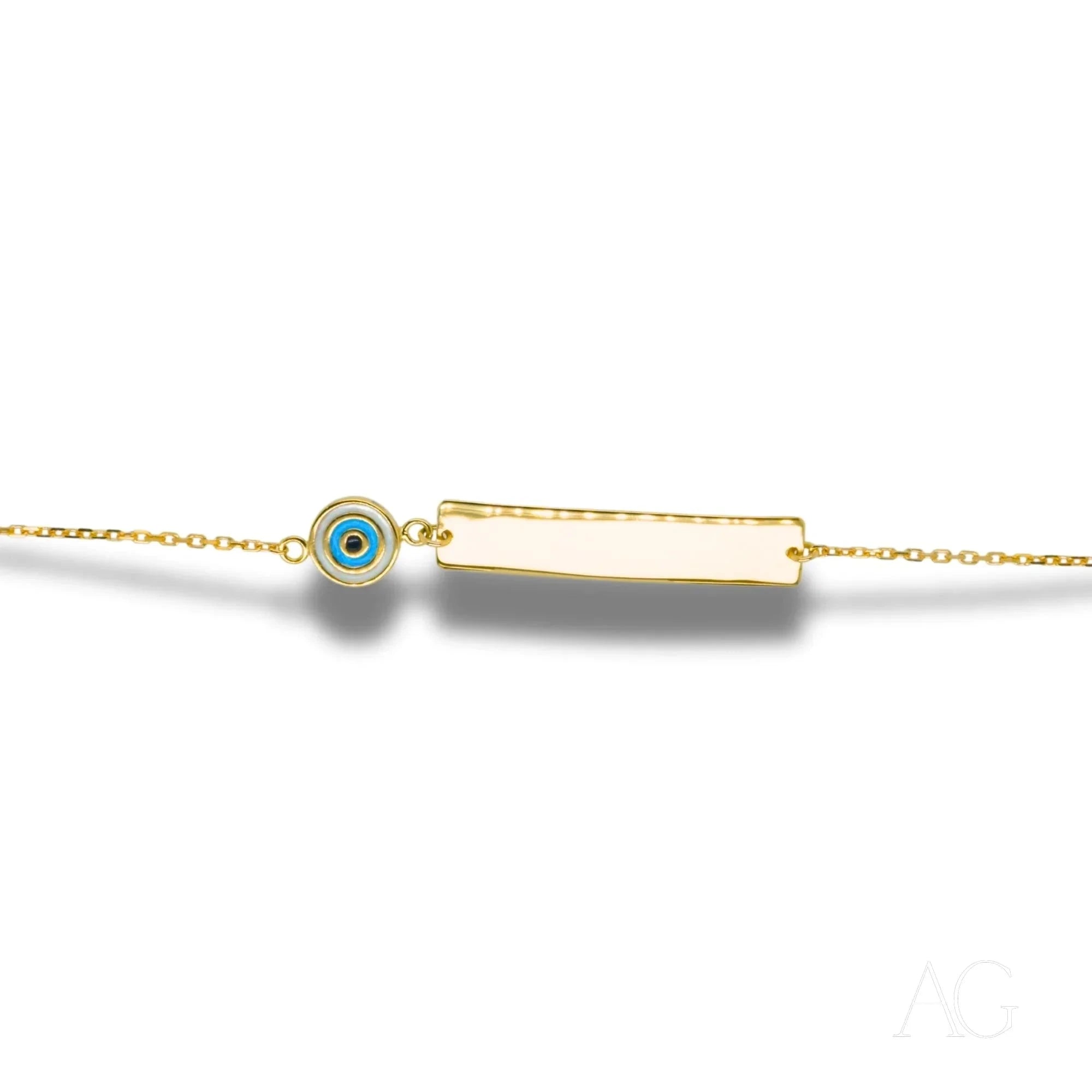 Solid Gold Kids ID Bracelet with Evil Eye Motif - Personalized Name & Birthday Jewelry for Children - Perfect for Birthdays, Gifts & Protection