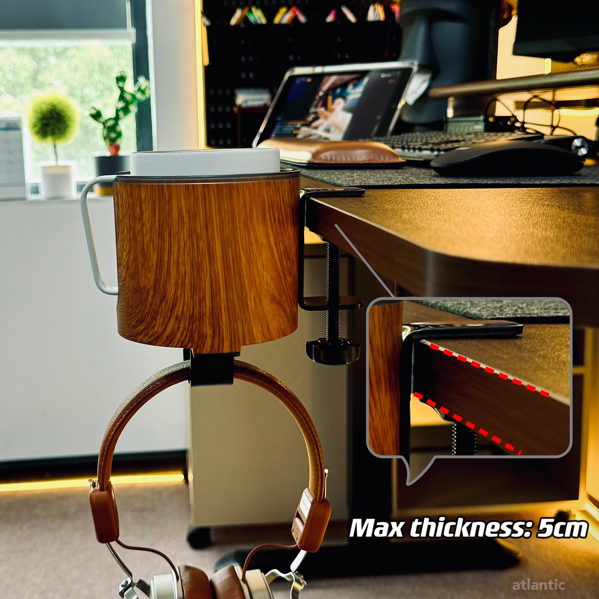 Premium 2-in-1 Desk Cup Holder & Organizer - Elegant Wooden Design for Coffee, Tea, Pens & Office Supplies | Perfect for Home Office, Study Desk & Workspace Organization