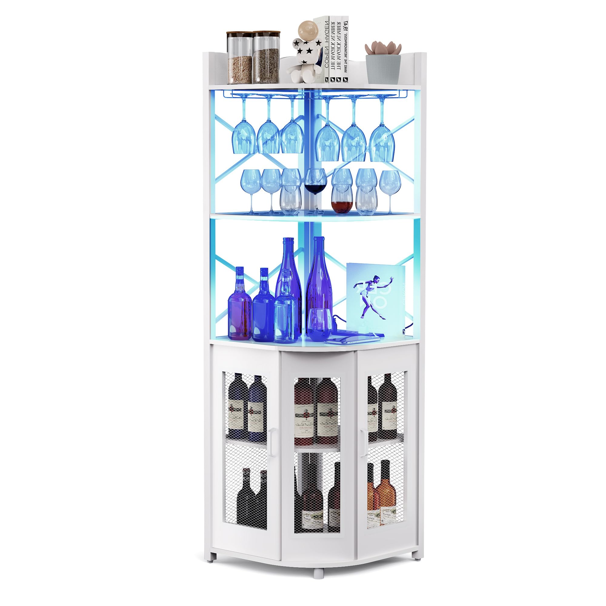 Industrial 5-Tier Corner Bar Cabinet with Power Outlet, LED Strip & Adjustable Shelves - Wine & Liquor Storage with Mesh Door & Glass Holder - Space-Saving Display Cabinet for Home Bar, Kitchen or Small Apartment
