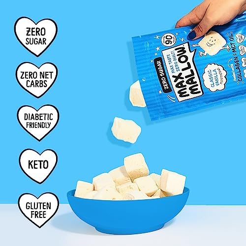 Max Mallow Sugar Free Marshmallows - Keto Friendly, Zero Sugar Snacks for S'mores, Hot Chocolate & Baking | Classic Vanilla Flavor | 6 Pack | Perfect for Camping, Desserts & Low-Carb Diets