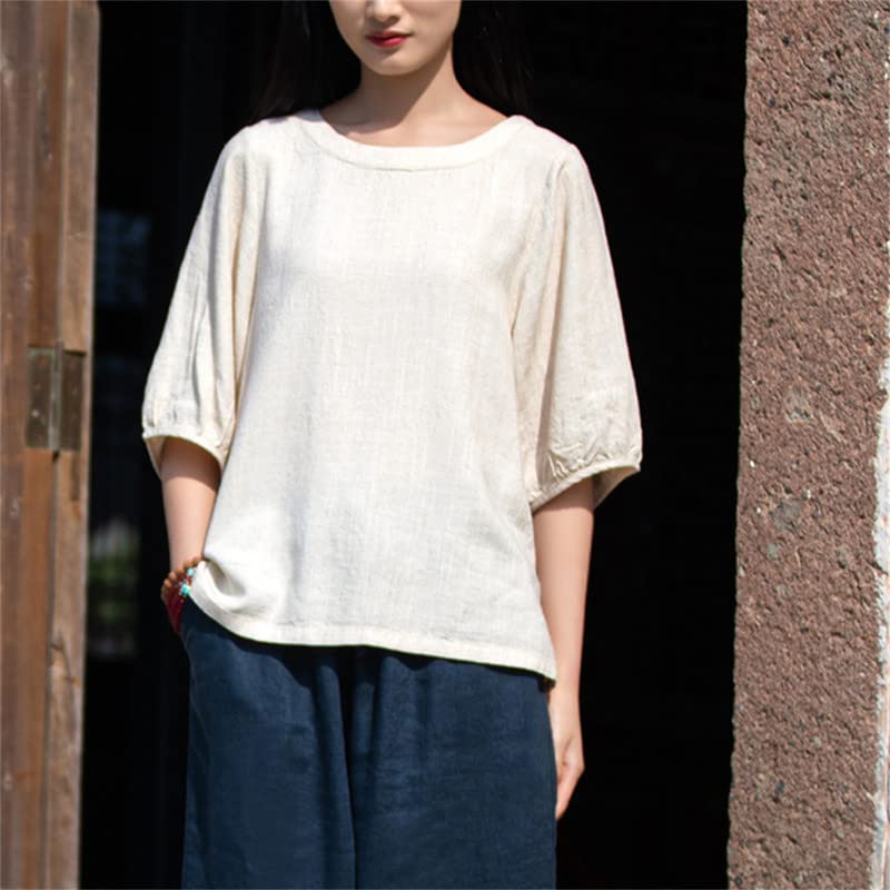 Shanghai Story Women's Vintage O-Neck Blouse - Cotton Linen Half Sleeve Chinese Style T-Shirt Top for Casual Wear, Office & Summer Outfits
