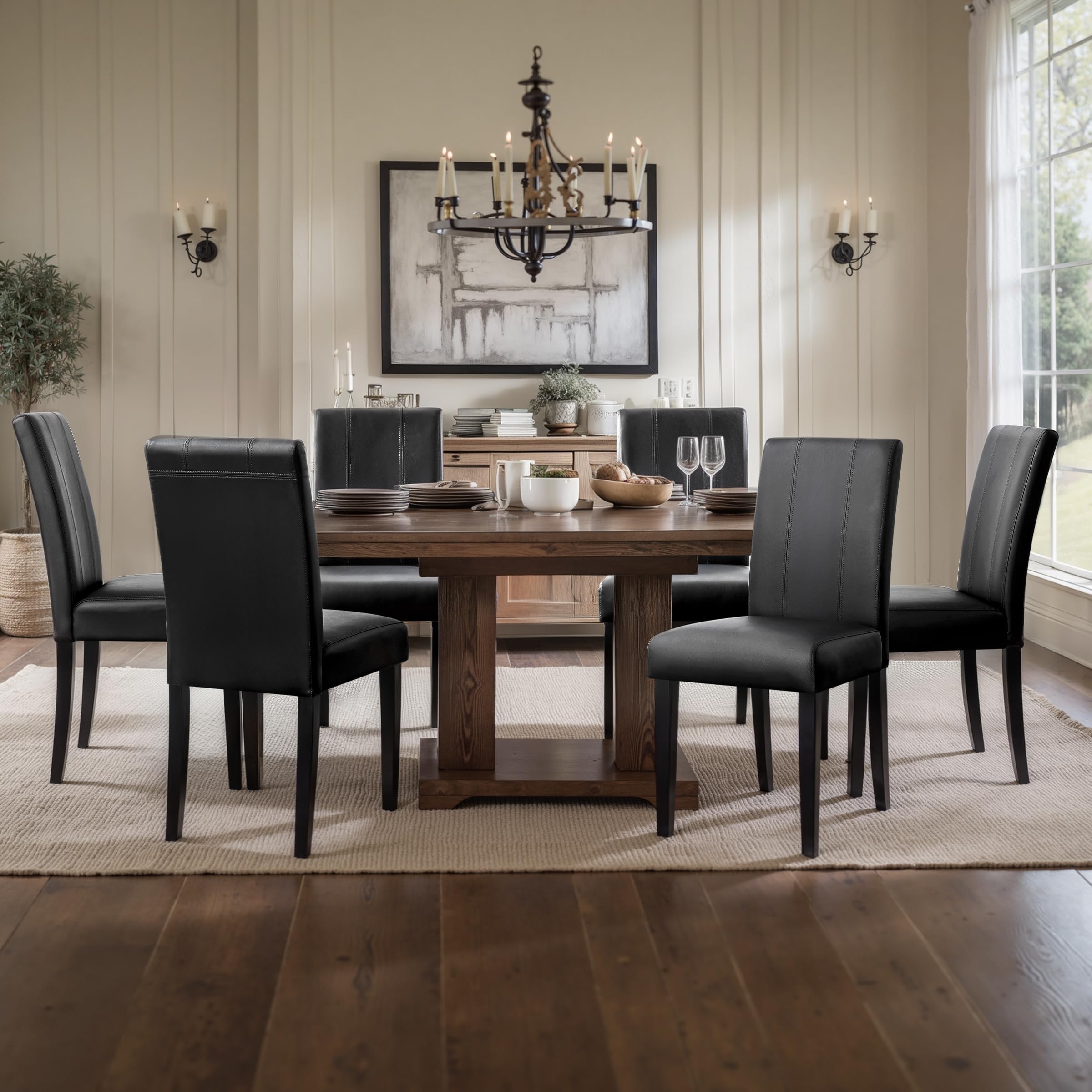 CHUN YI 6-Piece Faux Leather Dining Chair Set - High Back Upholstered Parsons Chairs with Sturdy Wood Legs for Kitchen & Dining Room - Perfect for Family Gatherings, Dinner Parties & Home Decor (Black)