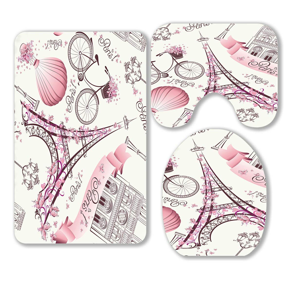 Paris Symbols Pattern 3-Piece Bathroom Rugs Set - Non-Slip Bath Mat, Contour Mat & Toilet Lid Cover for Romantic Parisian Style Décor | Perfect for Bathroom, Guest Room & Airbnb