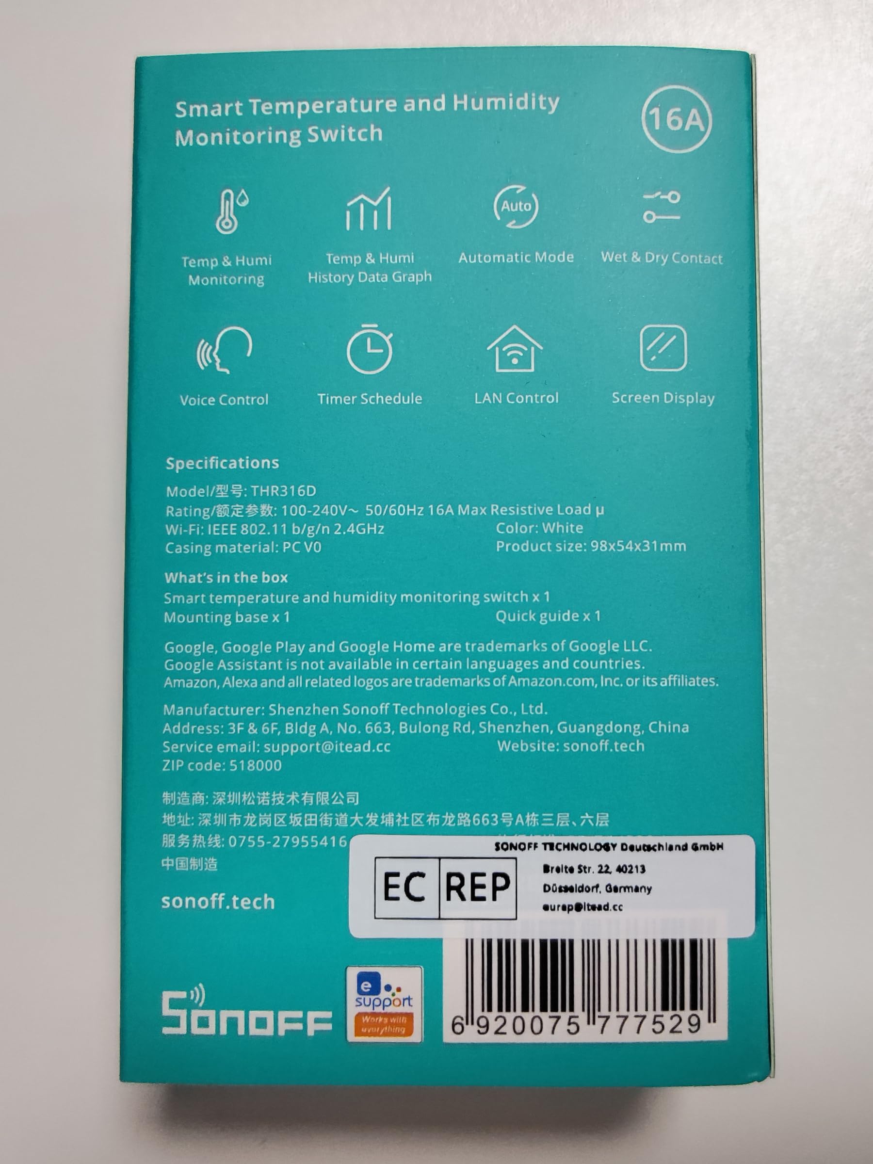 SONOFF THR316D Elite 16A Smart Switch with Temperature & Humidity Sensor, LCD Display - Works with Alexa, Google Home & IFTTT | Smart Home Automation for Thermostat Control & Environment Monitoring