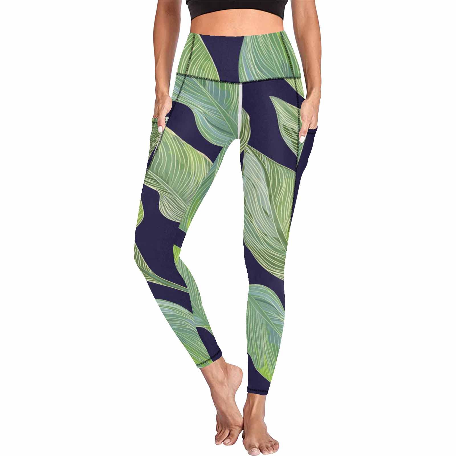 InterestPrint Women's Yoga Pants - Tropical Palm Leaves Printed High Waist Workout Leggings - Stretchy & Breathable for Yoga, Gym, Running & Lounge Wear
