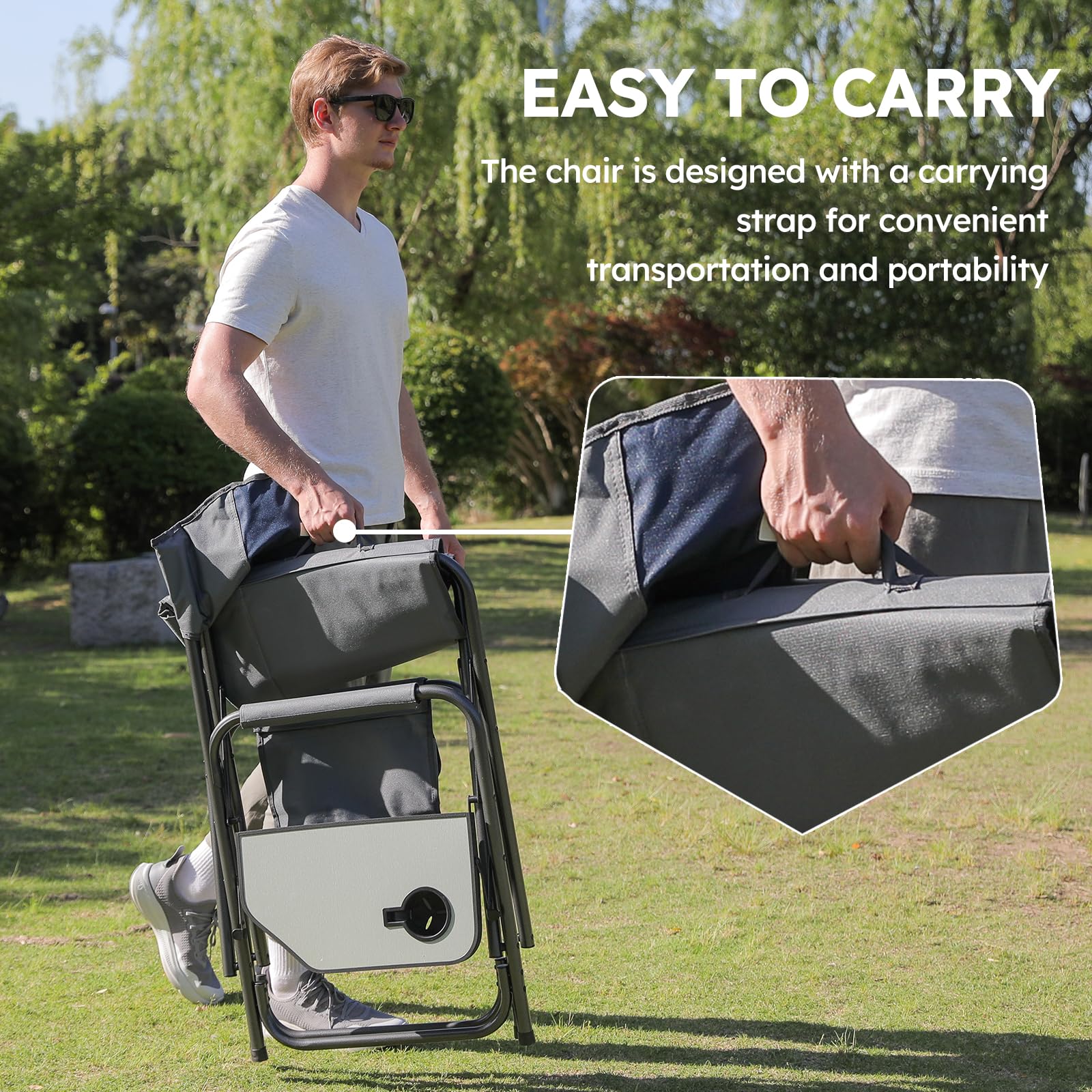 Heavy Duty Oversized Camping Chair with 600 LBS Capacity - Foldable Outdoor Chair with Detachable Side Pocket & Adjustable Side Table - Perfect for Beach, Lawn, Fishing, Camping & Backyard Relaxation (Blue)