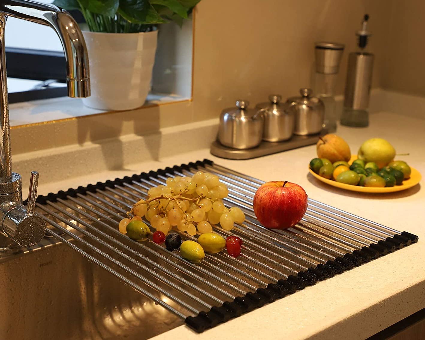 Portable Stainless Steel Over The Sink Dish Drying Rack - Foldable Kitchen Counter Mat (17.7