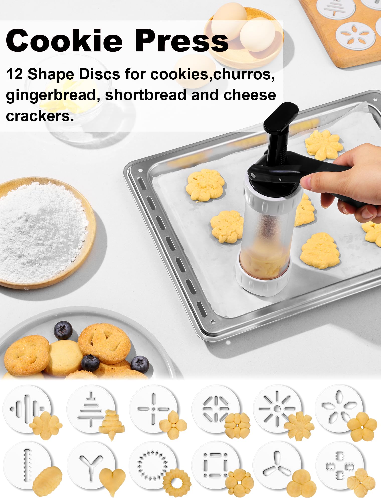 Premium Cookie Press Set with 12 Discs & 10 Cake Decorating Tips - Stainless Steel Churro & Biscuit Maker (White) - Perfect for Holiday Baking, Party Treats & DIY Dessert Decorating