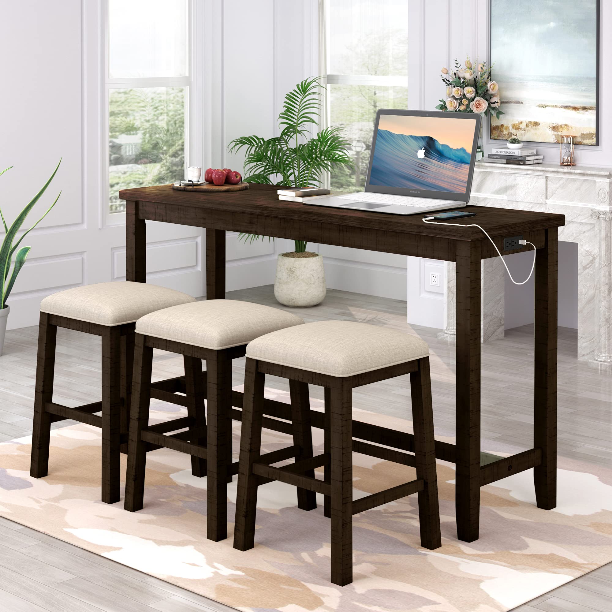 4-Piece Counter Height Dining Table Set with USB Socket & Fabric Padded Stools - Rustic Brown Bar Height Table for Kitchen, Breakfast Nook, Home Office or Small Space Dining - Perfect for Eating, Working & Studying