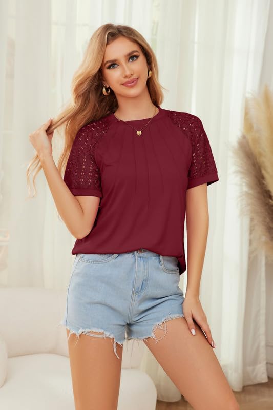 Trendy Women's Lace Short Sleeve Crewneck T-Shirts - Elegant Pleated Blouse & Tunic Top for Casual & Dressy Outfits | Perfect for Office, Date Night & Summer 2024 Fashion