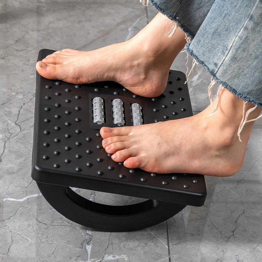 Ergonomic Adjustable Height Foot Rest for Under Desk - Office Foot Stool with Large Roller Massage - Black (Perfect for Work, Home Office & Gaming Setup)