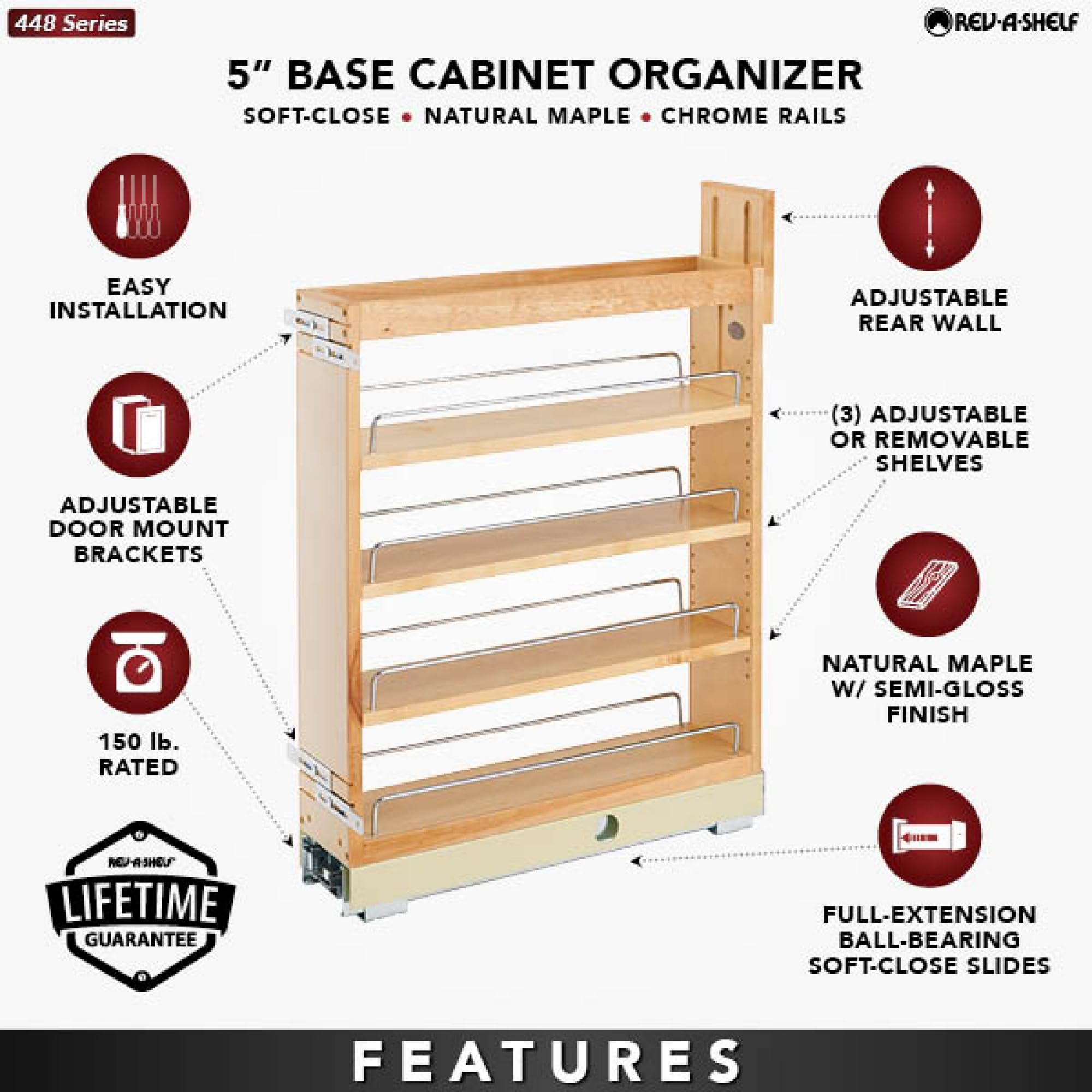 Rev-A-Shelf 5-Inch Pull-Out Cabinet Organizer - Soft Close Wooden Spice & Medicine Rack for Kitchen and Bathroom Base Cabinets (Model 448-BCBBSC-5C) - Perfect for Pantry Storage and Bathroom Organization