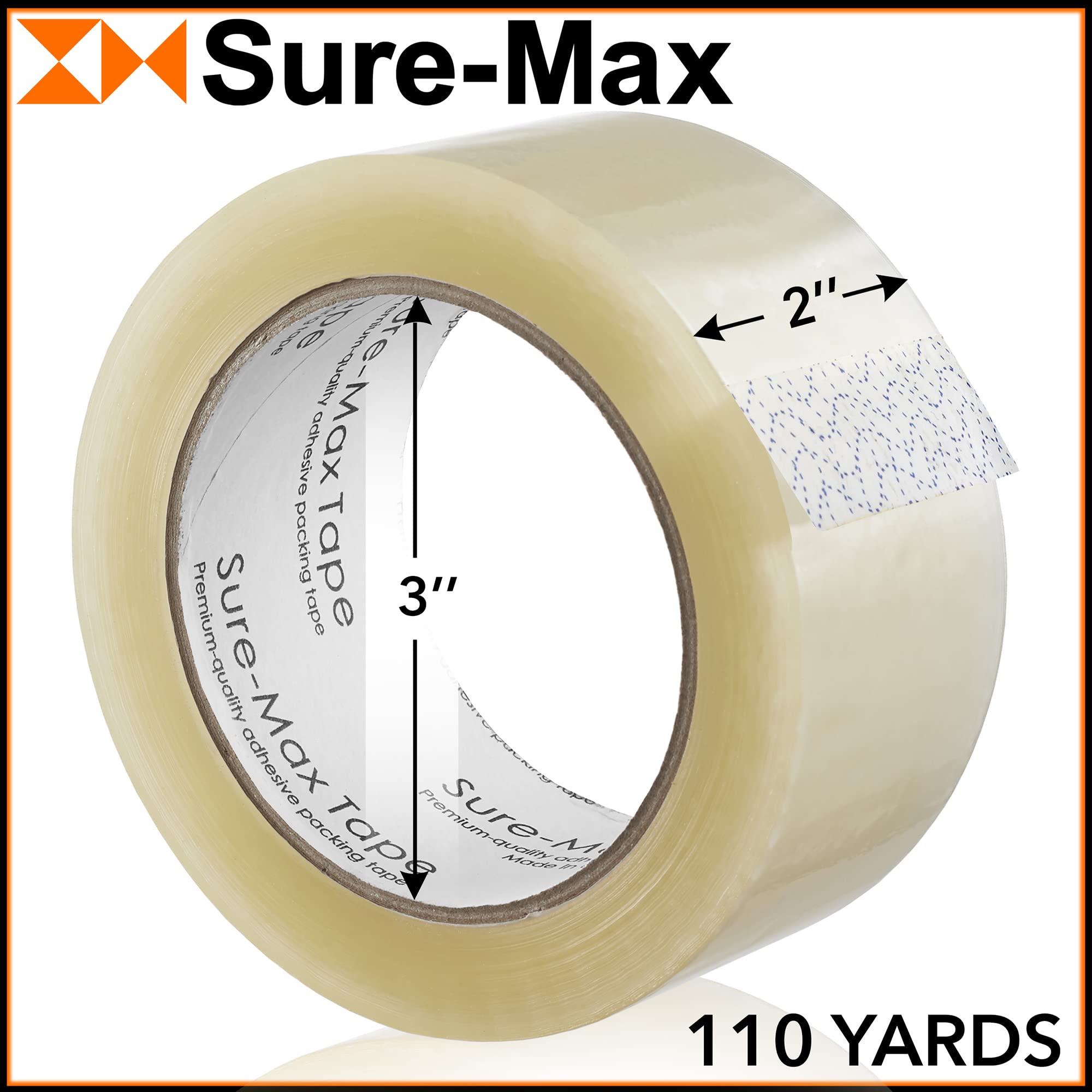 Sure-Max Premium Carton Packing Tape 1.8 mil 330 Feet (110 Yards) - Clear Heavy Duty Shipping Tape for Moving, Packing & Mailing - 4 Cases (144 Rolls Total) - Ideal for Home, Office & Warehouse Use