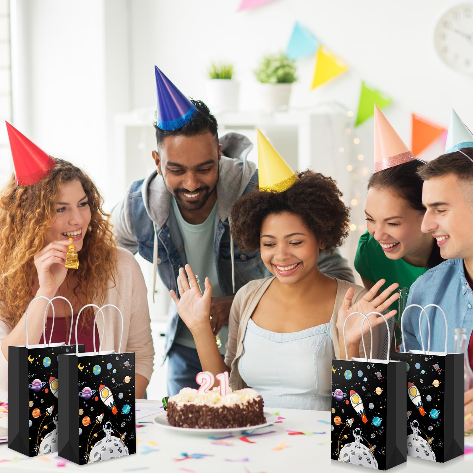 Galaxy Themed Party Favor Bags - 12 Pack Outer Space Planet Design Paper Goodie Bags with Handles for Birthday Parties, Baby Showers & School Events - Perfect for Space Theme Decorations & Celestial Celebrations