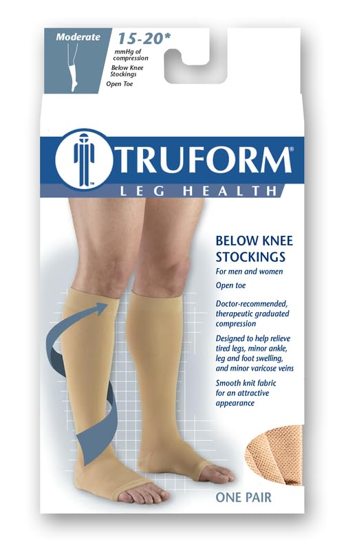 Truform 15-20 mmHg Compression Socks for Men & Women - Knee High Open Toe Beige Medium Size - Ideal for Travel, Varicose Veins & Circulation Support