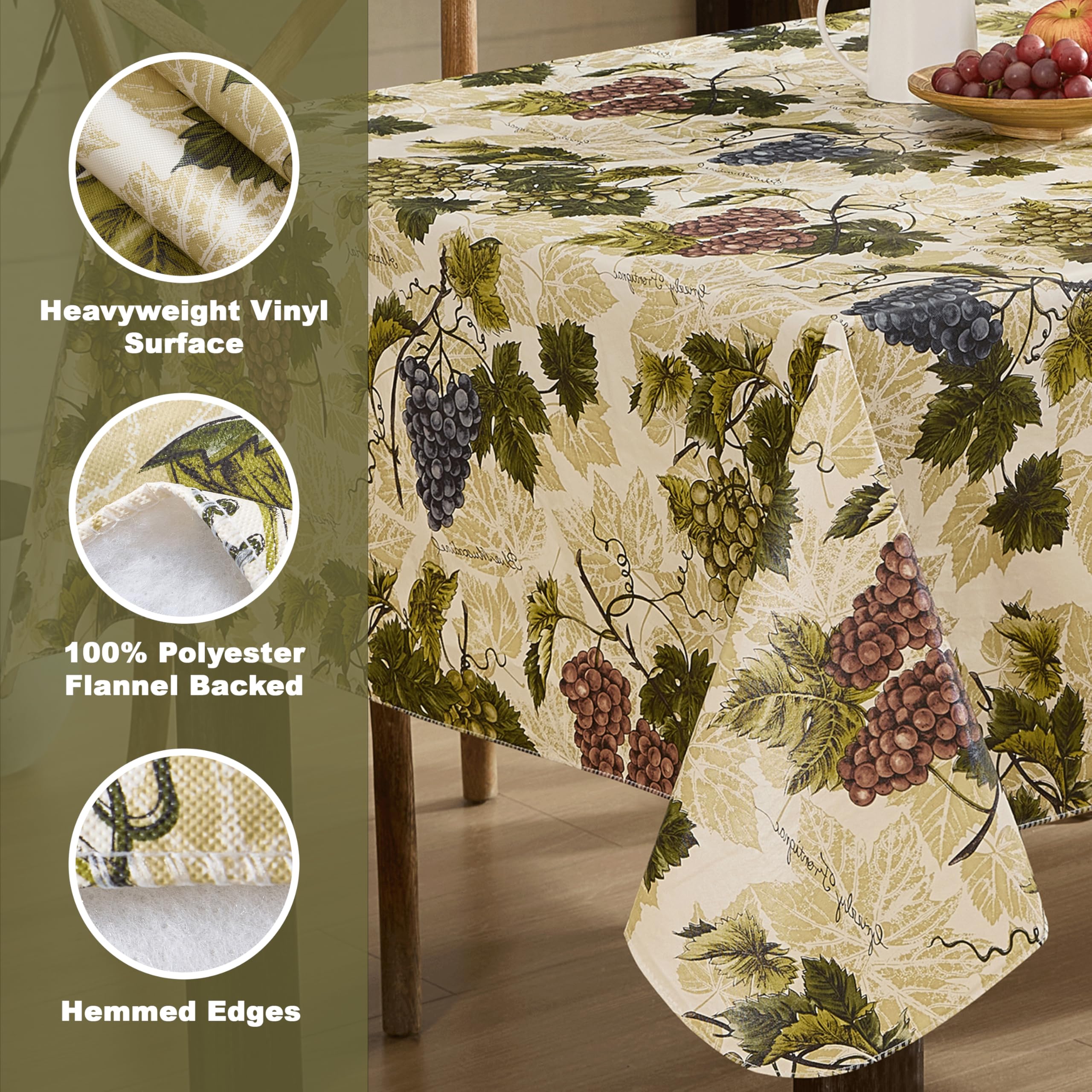 Newbridge 60 x 102 Inch Rectangle Vinyl Tablecloth - Waterproof Flannel Backing with Grapevine Print for Indoor/Outdoor Use | Perfect for Dining, Picnics, BBQs, Patio & Kitchen Decor