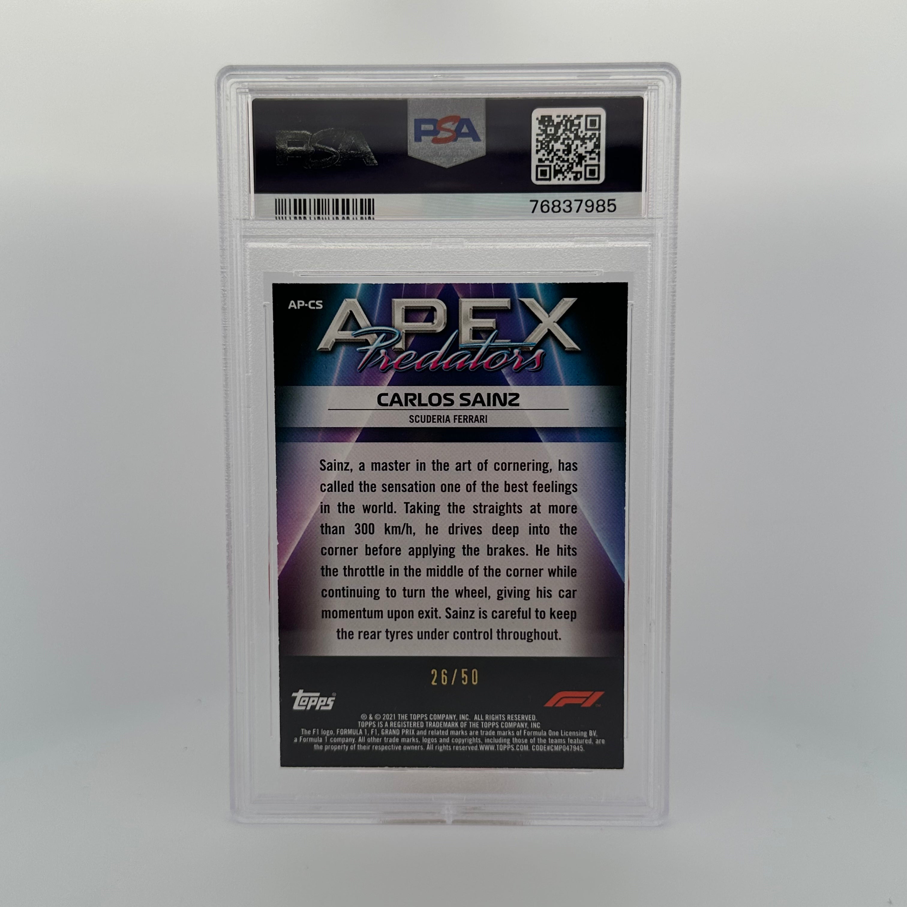 PSA 9 Graded 26/50 Carlos Sainz #APCS Apex Predators Gold Parallel - Rare Trading Card for F1 Collectors & Motorsport Fans, Perfect for Display & Investment