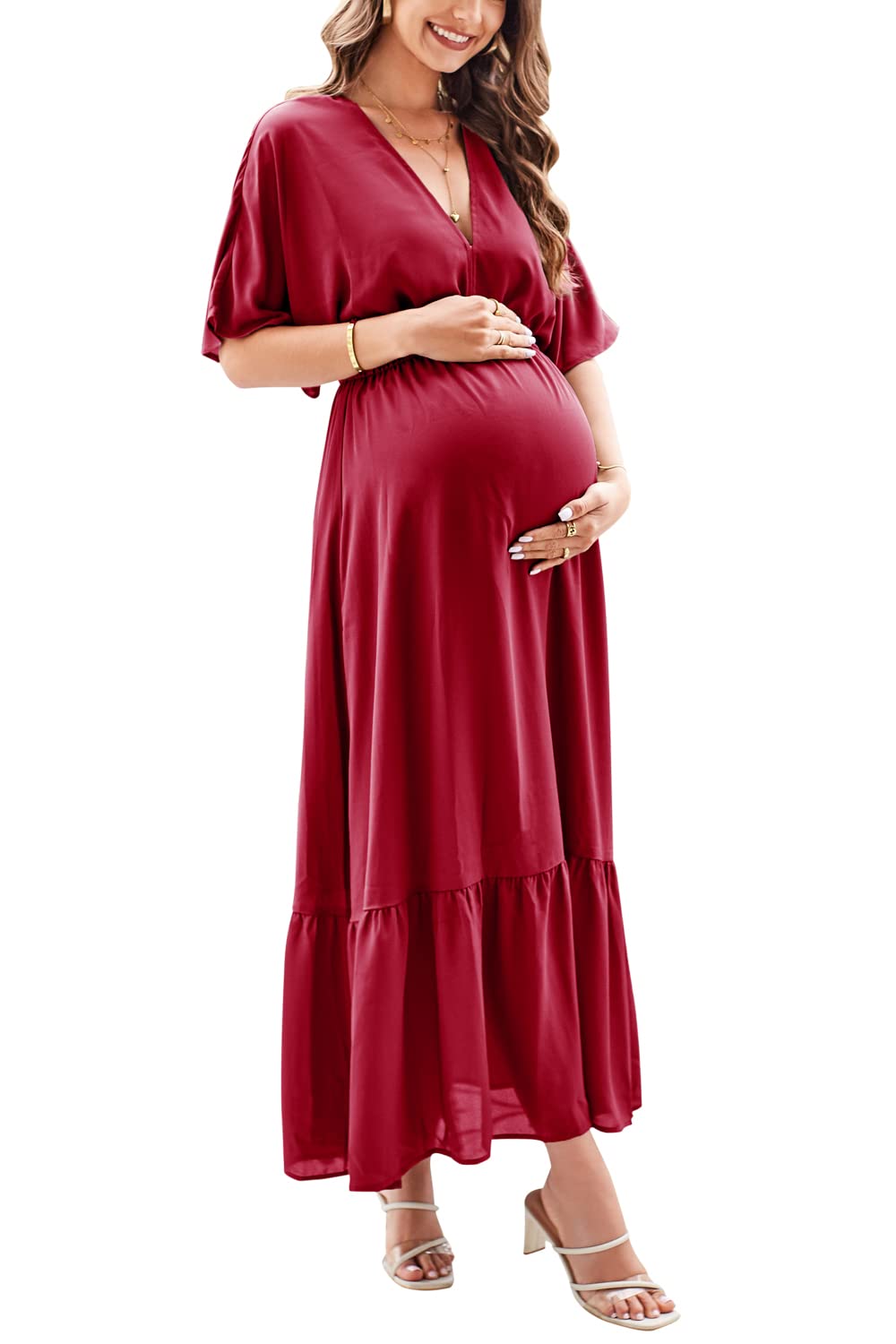 STYLEWORD Women's 2025 Summer Maternity Dress - Short Sleeve V-Neck Boho Maxi Dress with Tiered Flowy Design for Pregnancy | Perfect for Beach Vacations, Baby Showers & Summer Outings
