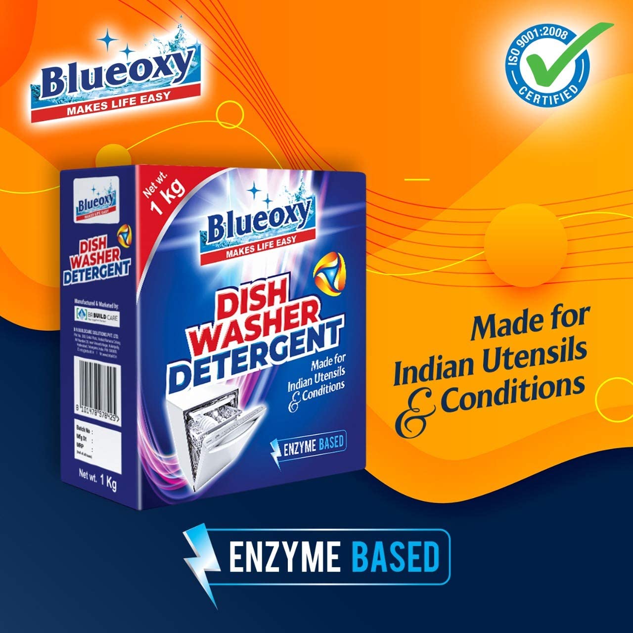 BLUEOXY Eco-Friendly Dishwasher Detergent Powder 1Kg - Works with All Dishwasher Brands | Specially Formulated for Tough Stains & Indian Cooking Utensils | Plant-Based, Non-Toxic Cleaning Solution | Ideal for Daily Dishwashing, Pots & Pans, Stain Removal | Perfect for Home & Restaurant Use