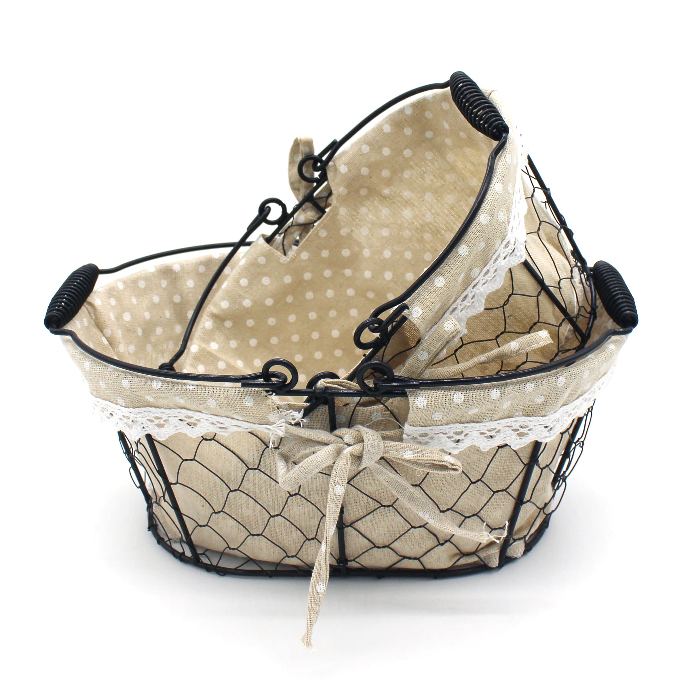 CVHOMEDECO Oval Chicken Wire Fruit Basket & Rustic Bread Basket with Sturdy Handle & Fabric Liner - Matt Black (Set of 2) - Perfect for Farmhouse Kitchen Decor, Picnics & Rustic Dining