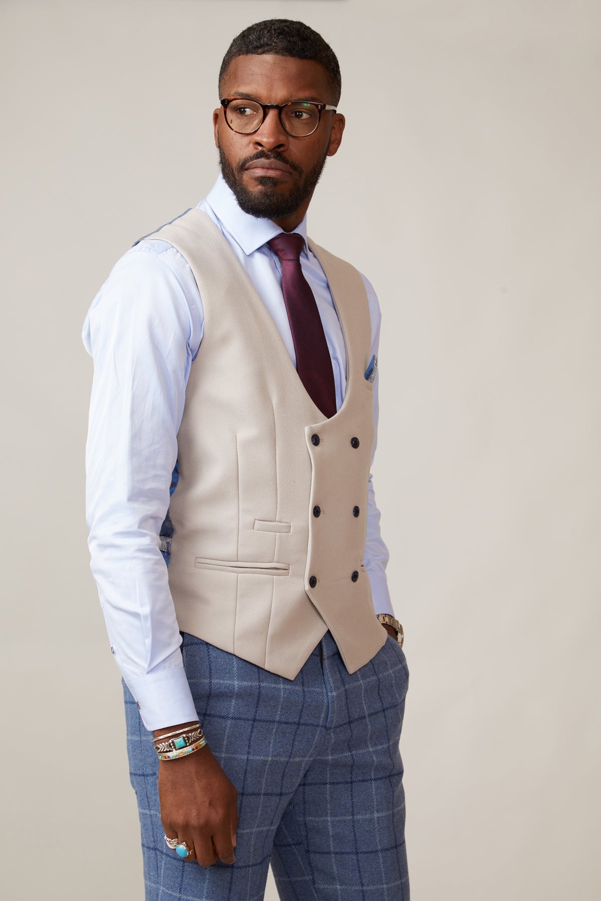 KELVIN Men's Slim Fit Stone Double Breasted Waistcoat Vest - Perfect for Weddings, Business Meetings & Formal Occasions