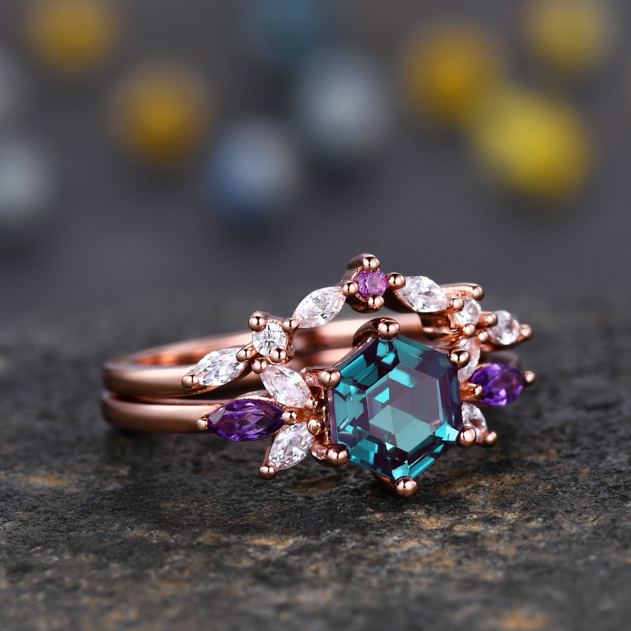Vintage Alexandrite & Moissanite Engagement Ring Set with Amethyst Matching Band - June Birthstone Jewelry for Weddings & Anniversaries