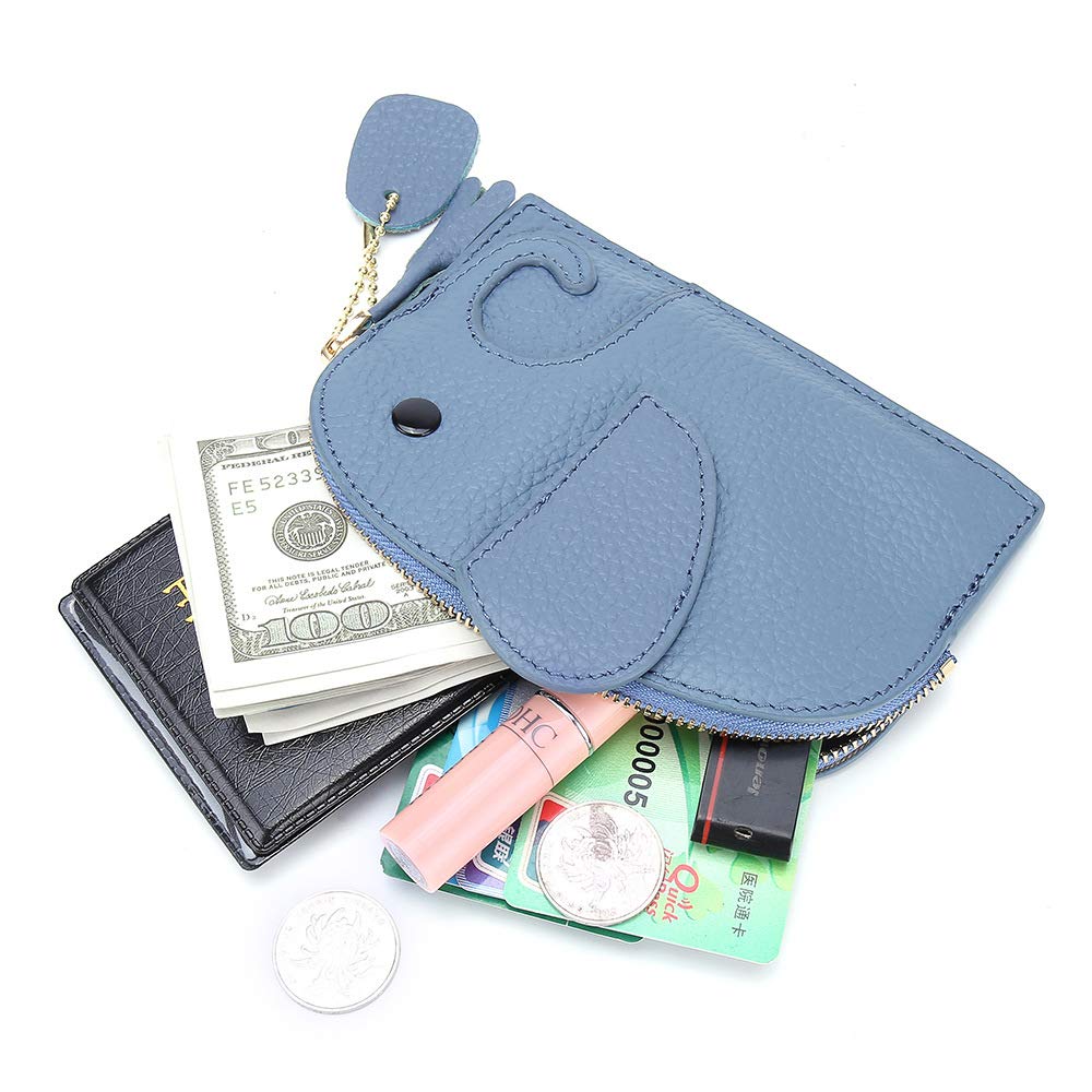 Genuine Leather Mini Wallet - Cute Cartoon Elephant Card Holder & Coin Pocket for Women with Key Ring Organizer (Purple) | Compact Purse for Everyday Use, Travel & Gift Giving