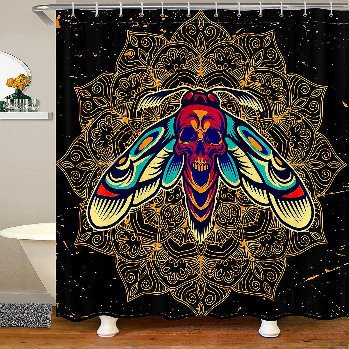 Erosebridal Kids Boho Moth Shower Curtain - Teens Skull Face Bath Curtain for Boys - Bohemian Mandala Waterproof Bathroom Curtain - Gothic Horror Gold Decor - 72