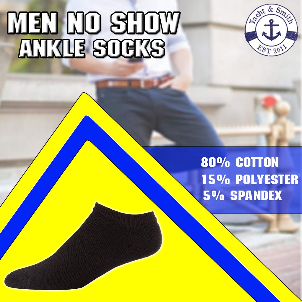 Yacht & Smith Men's No Show Ankle Socks - 12-Pack Bulk Wholesale Cotton Athletic Socks for Running, Gym & Casual Wear - Size 10-13 (US)