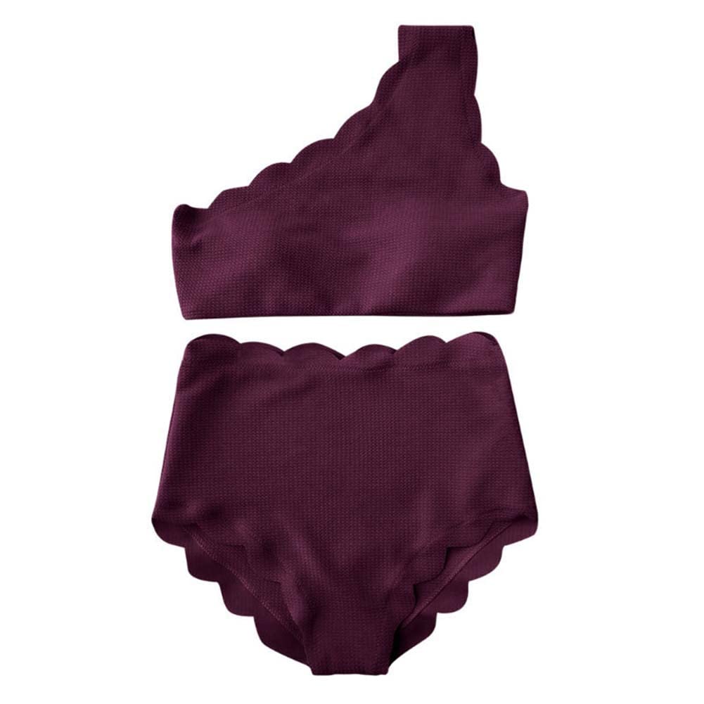 2Pcs Women's One Shoulder High Waist Scalloped Bikini Set - Rose Red Summer Swimwear for Beach, Pool & Vacation | Sexy Swimsuits for Women, Tropical Swimwear, Fashion Bathing Suit