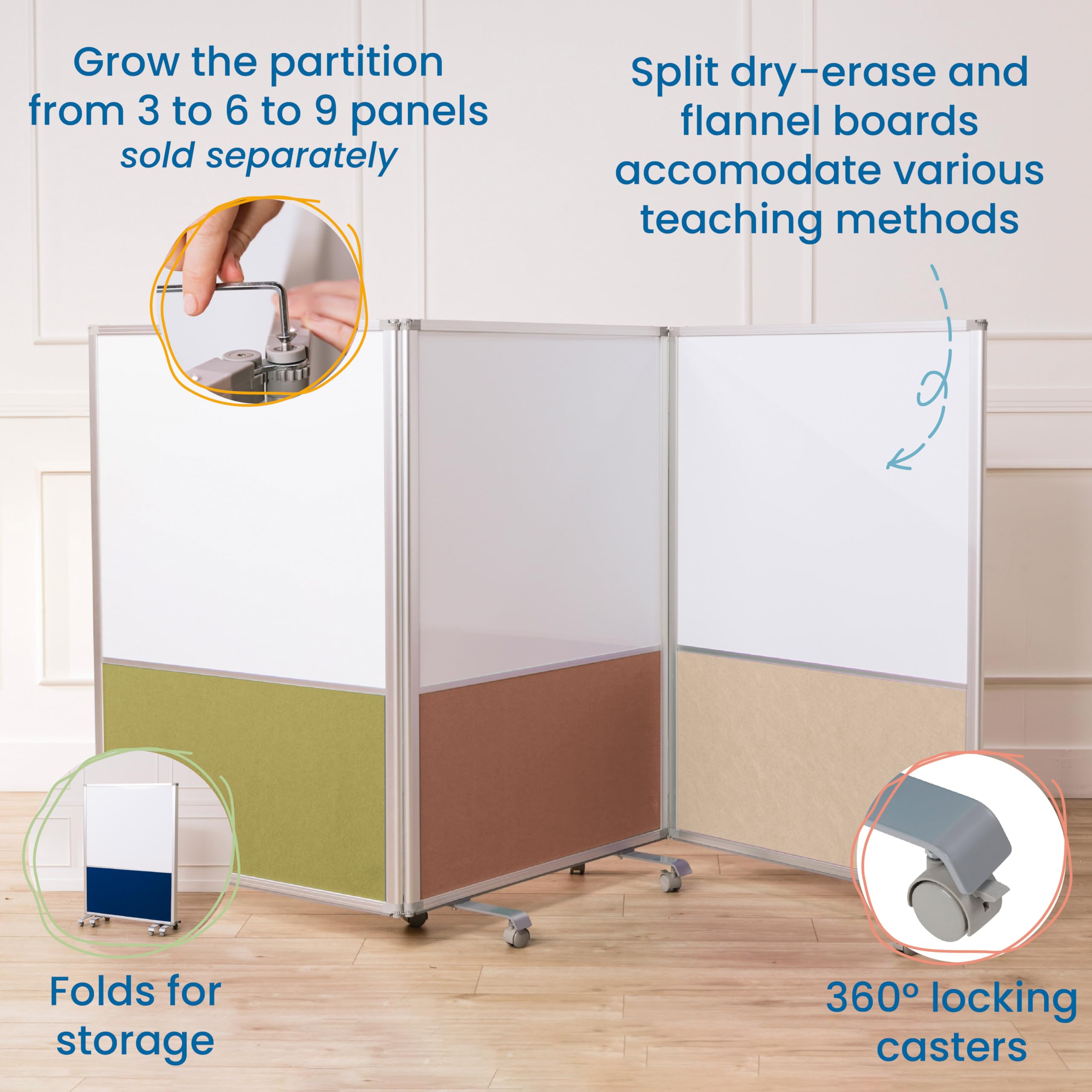 ECR4Kids 3-Panel Mobile Dry-Erase & Flannel Room Divider for Classrooms - School Supplies in Earth Tones - Perfect for Classroom Organization, Study Areas & Playroom Dividers
