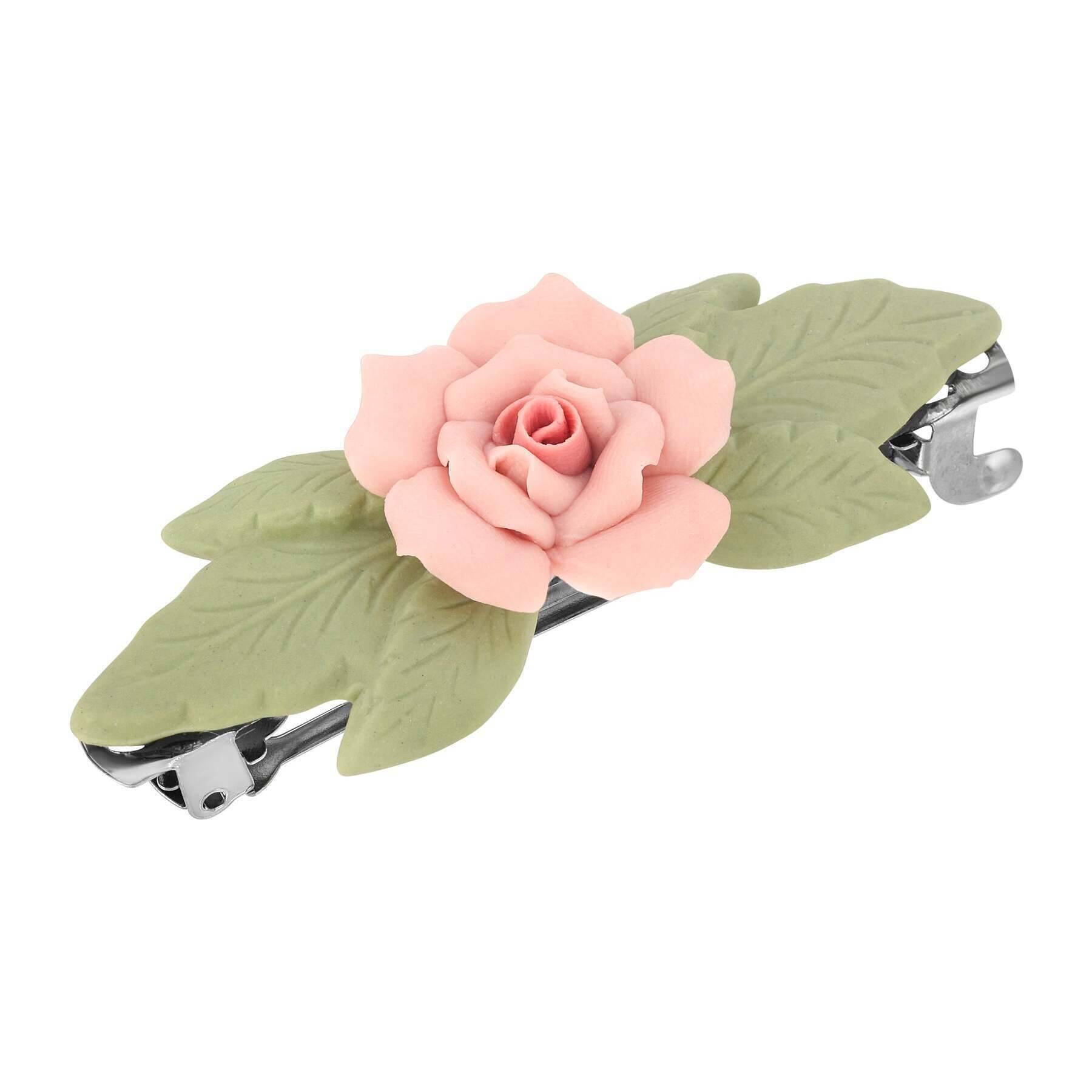1928 Vintage French Hair Barrette - Genuine Porcelain Rose & Green Leaf Clip for Women | Perfect for Weddings, Parties & Special Occasions