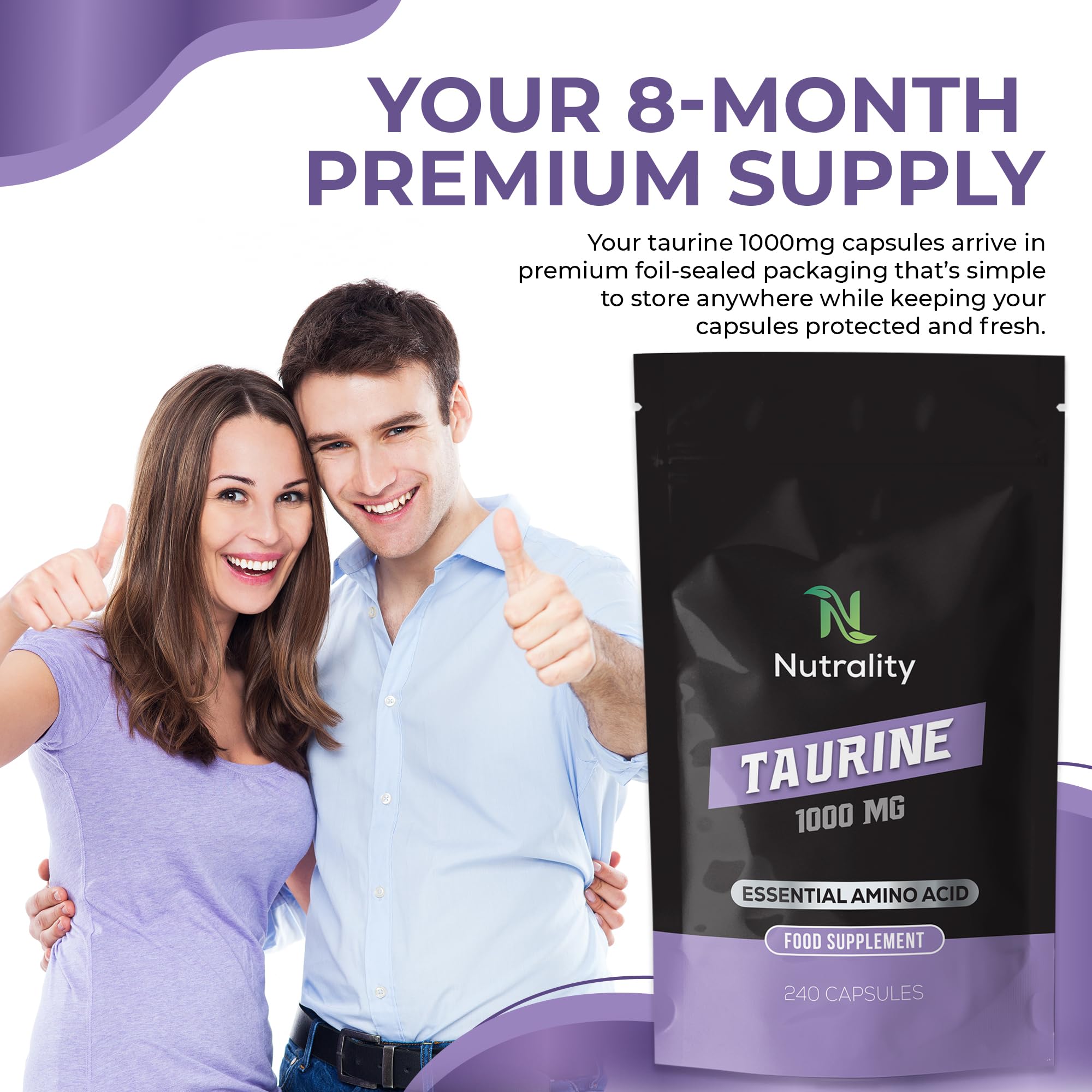 Nutrality Taurine Supplement 1000mg - Premium Energy & Endurance Booster | Vegan Amino Acid Capsules for Heart Health, Brain Function & Better Sleep | 240 Count | Great for Athletes, Students & Busy Professionals