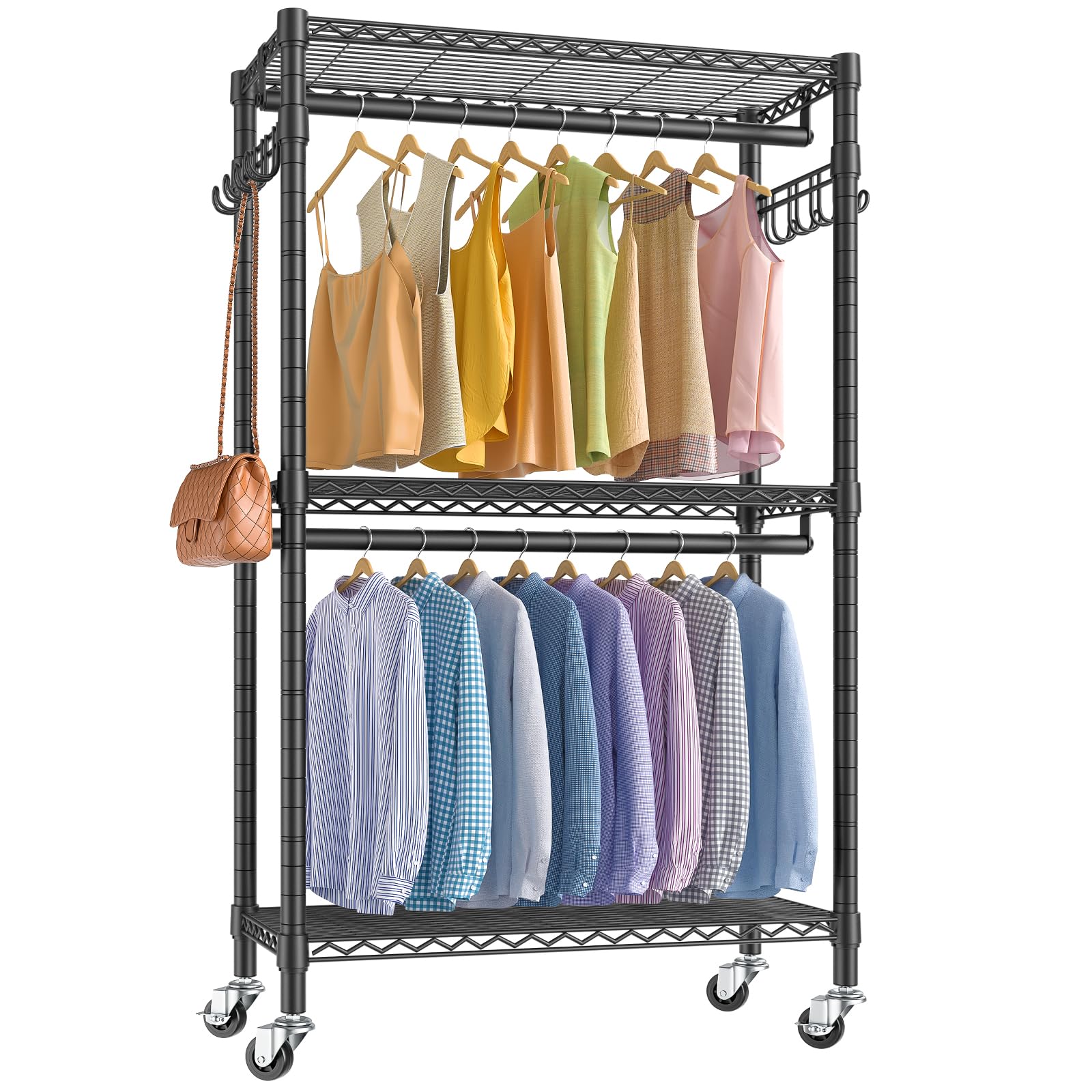 VIPEK R2 Medium Rolling Clothes Rack - Heavy Duty Adjustable Metal Garment Rack with Wheels & Side Hooks | Freestanding Wardrobe for Bedroom, Closet, Laundry Room, or Retail Store | Black Storage Organizer for Hanging Clothes, Jackets, and Accessories