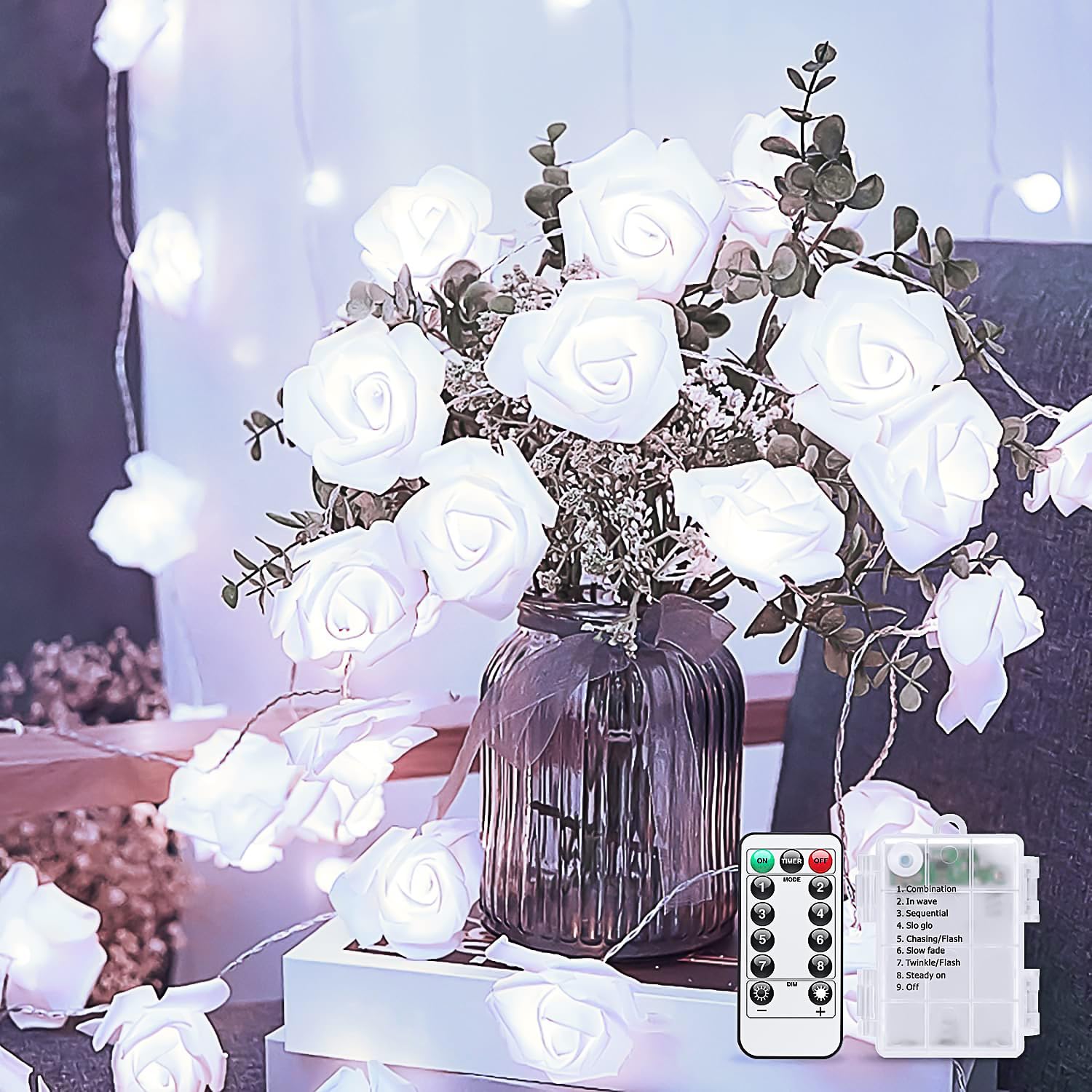 JMEXSUSS 16.4ft 30 LED White Rose Flower String Lights - Battery Operated Fairy Lights for Bedroom, Table, Fireplace, Wedding & Holiday Decorations - Perfect for Romantic Ambiance, Party & Indoor Decor