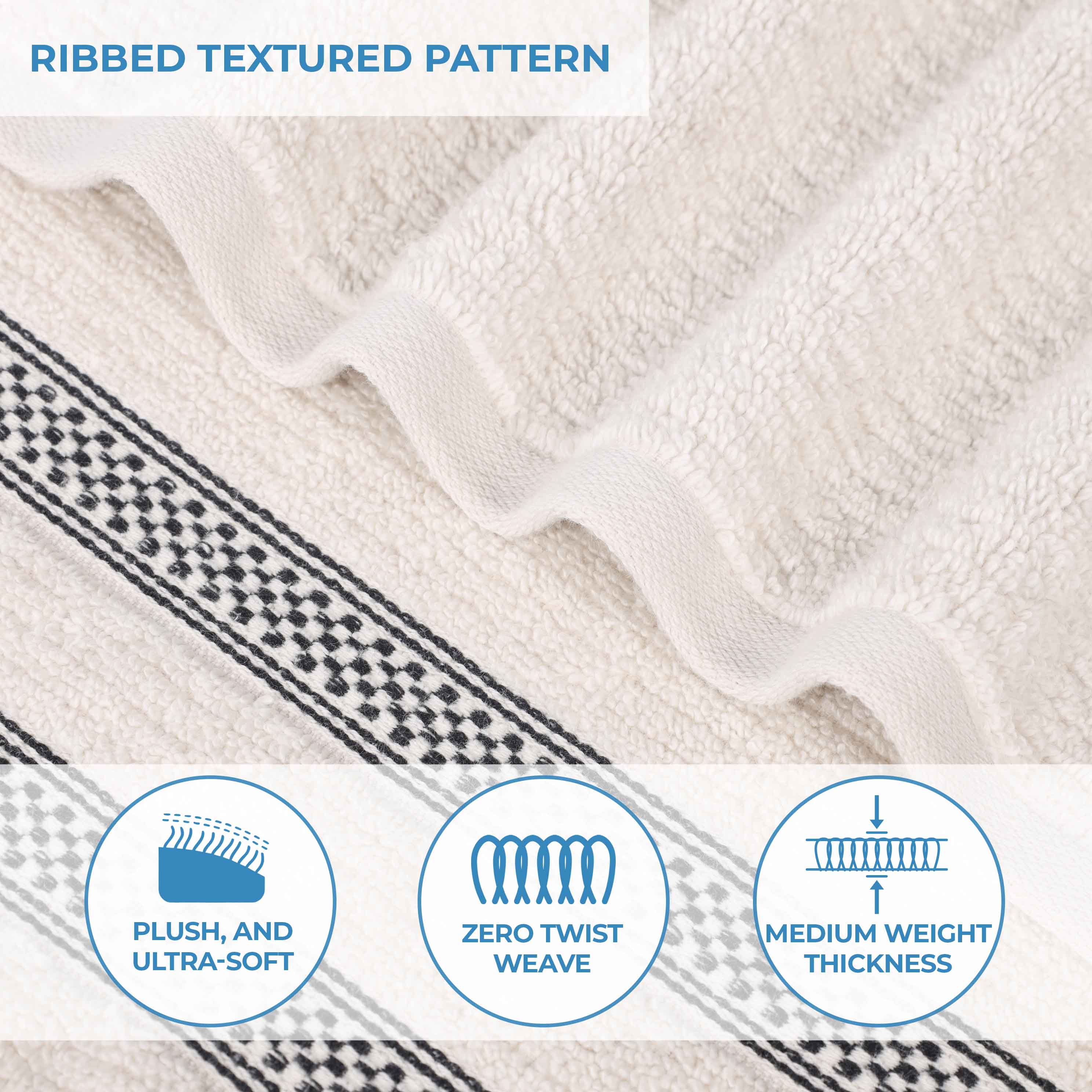 12-Pack Zero Twist Cotton Ribbed Geometric Border Plush Face Towels | Ultra Soft Bath & Hand Towels for Spa, Gym, Travel & Home Use