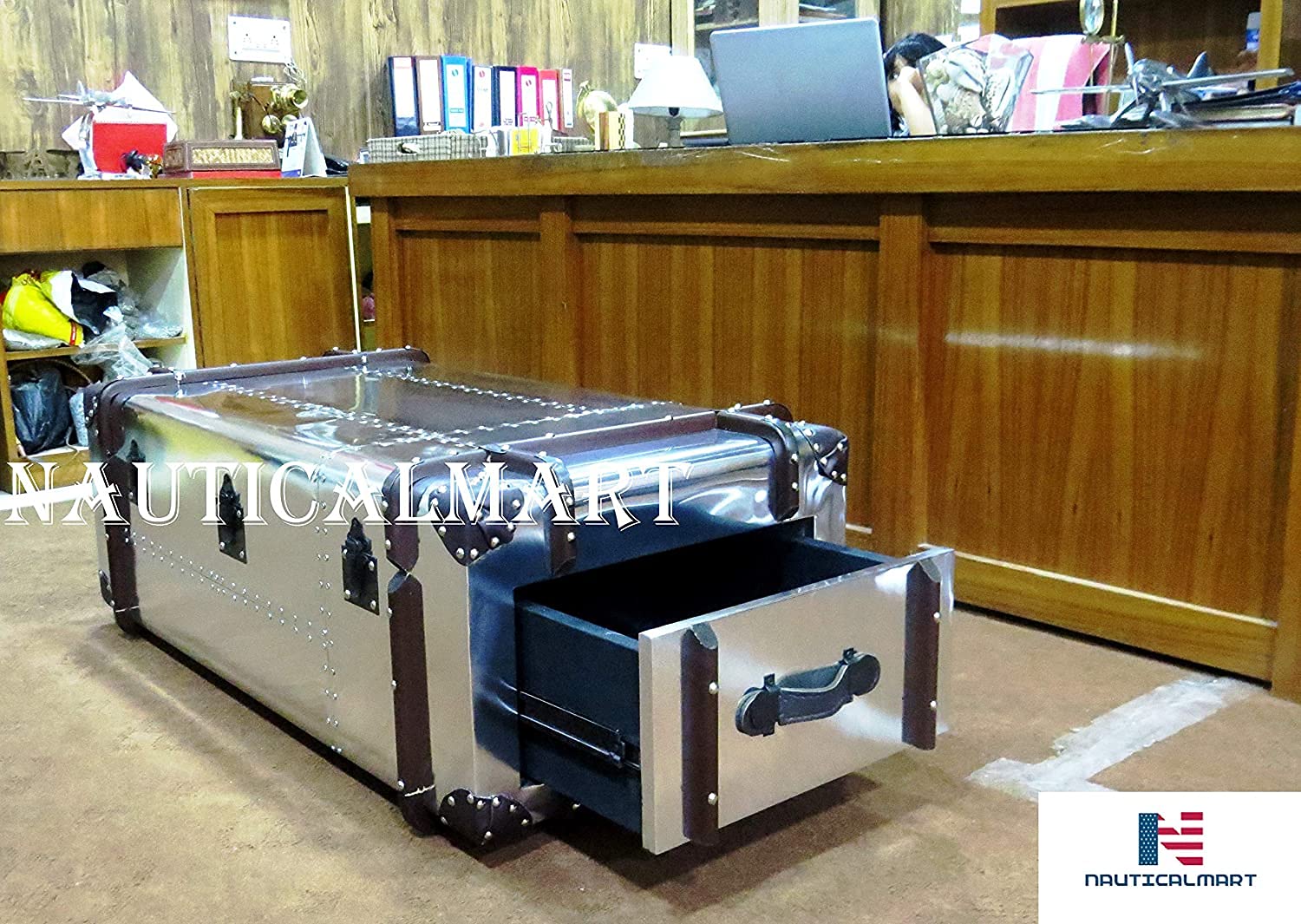 Vintage Aluminum Aviation Aviator Trunk Coffee Table - Nautical-Mart Richard's Trunk for Home Decor | Perfect for Living Room, Office & Industrial Style Spaces