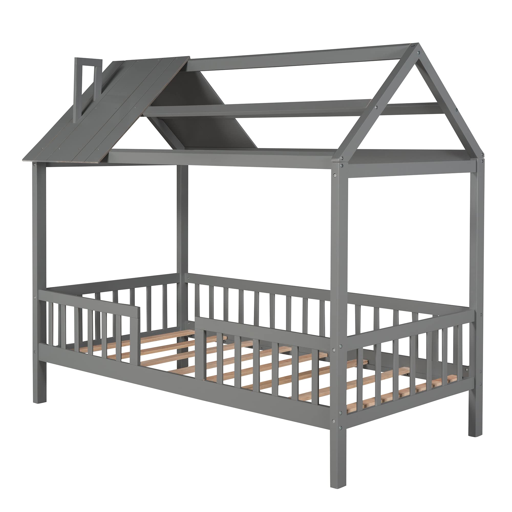 AOCOROE Twin Size Wooden House Bed Frame for Kids - Sturdy Platform Bed with Slats & Safety Guard Rails - Perfect for Boys & Girls Bedrooms, Playrooms & Cozy Sleep Spaces