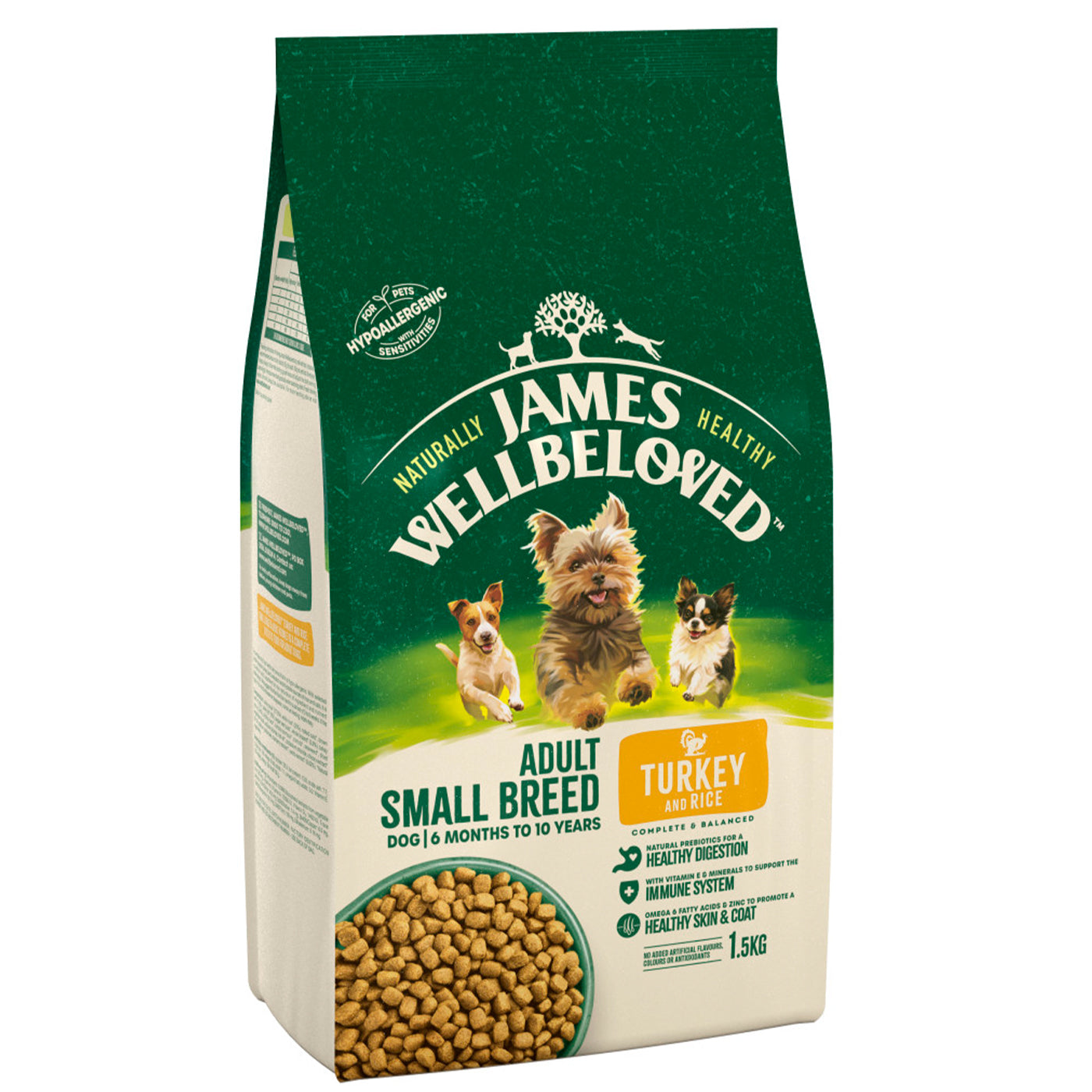 James Wellbeloved Turkey & Rice Adult Small Breed Dog Food - Grain-Free, Hypoallergenic Dry Kibble for Sensitive Stomachs - Perfect for Indoor & Active Small Dogs