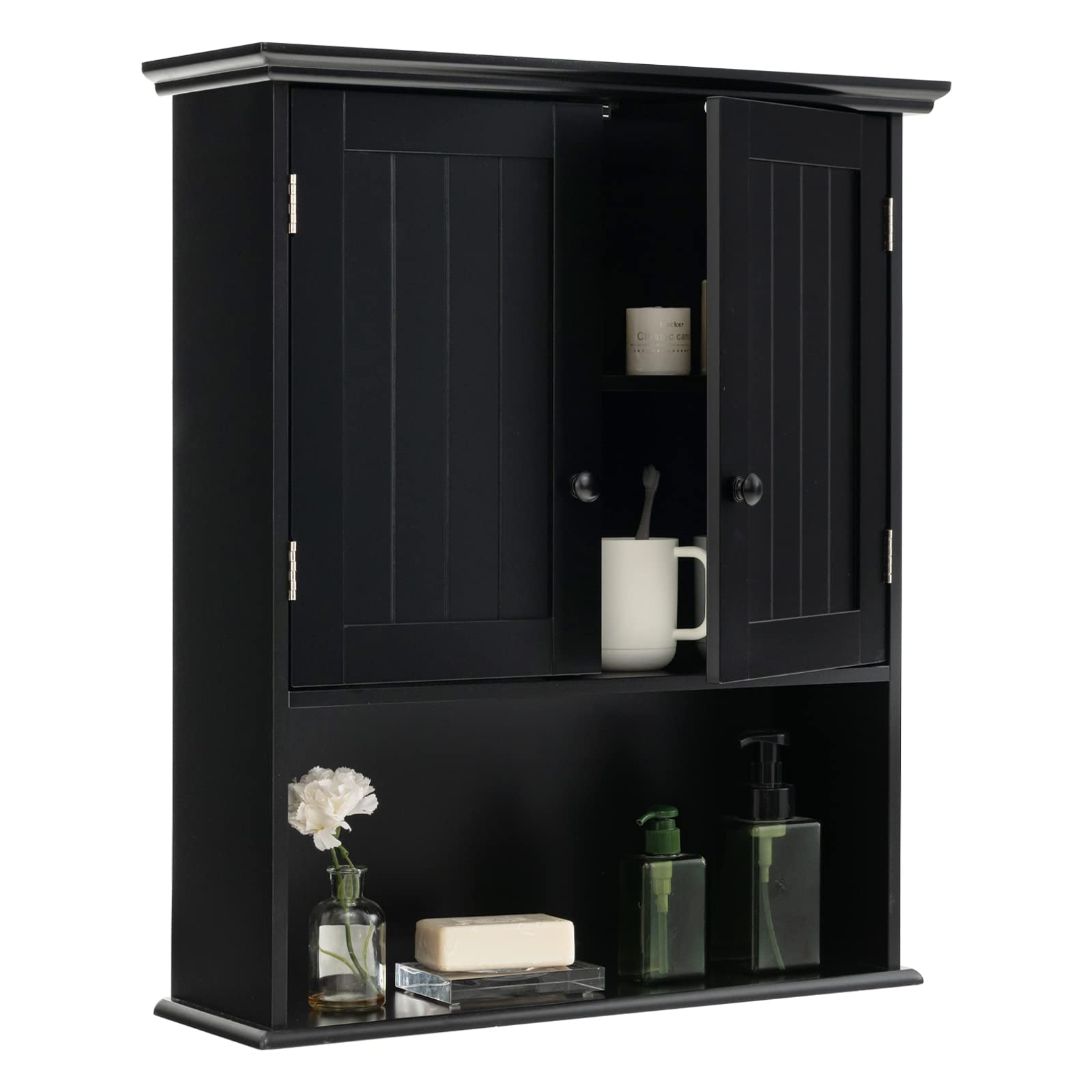 Tangkula Wooden Wall Mount Bathroom Medicine Cabinet - 2 Doors & 1 Shelf Storage Organizer for Bathroom Essentials - Rustic Cottage Style Wall Cabinet (Black) - Perfect for Small Bathrooms, Vanity Storage & Home Organization