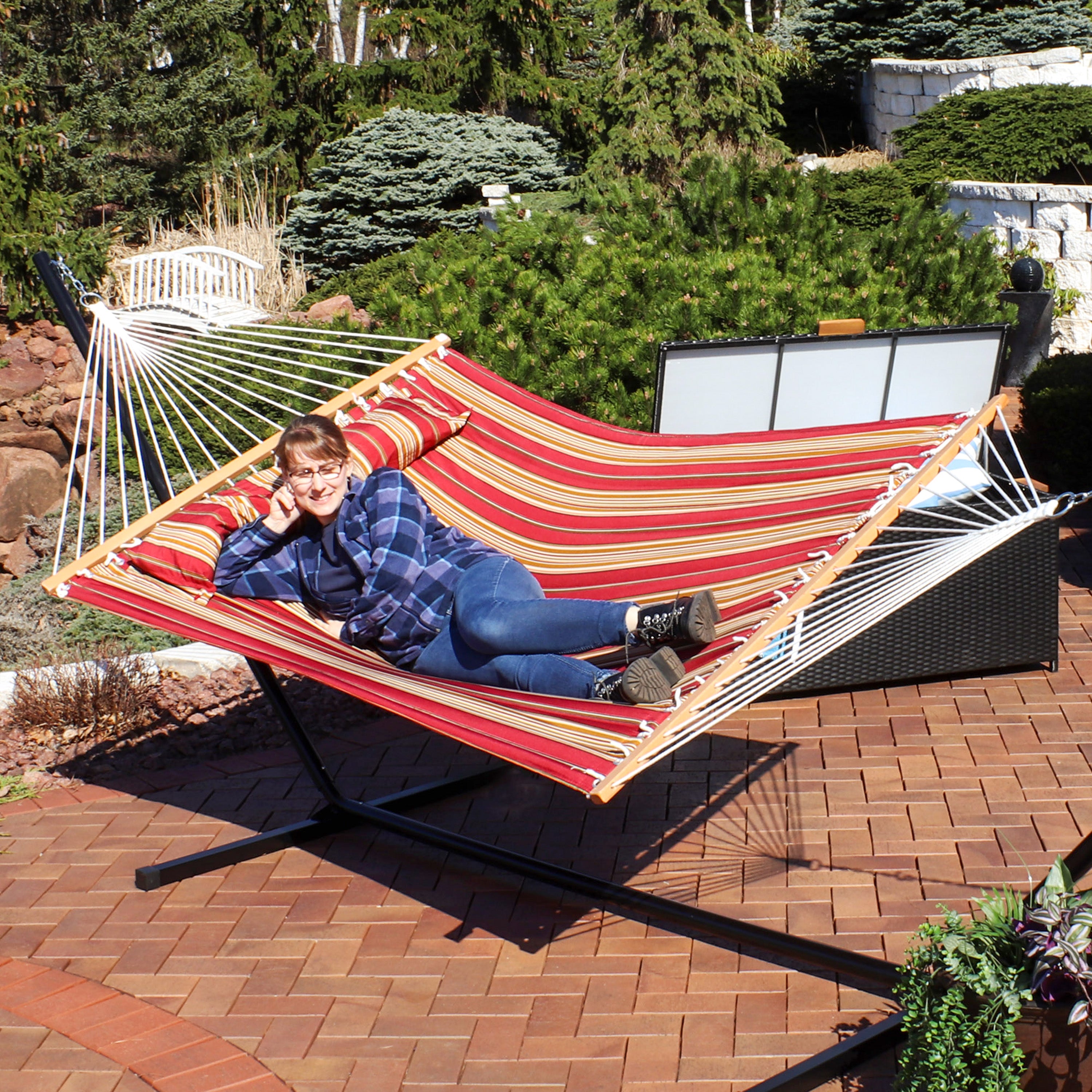 Sunnydaze 2 Person Quilted Fabric Double Hammock with Pillow - Portable Outdoor Hammock for Backyard, Camping & Beach Relaxation