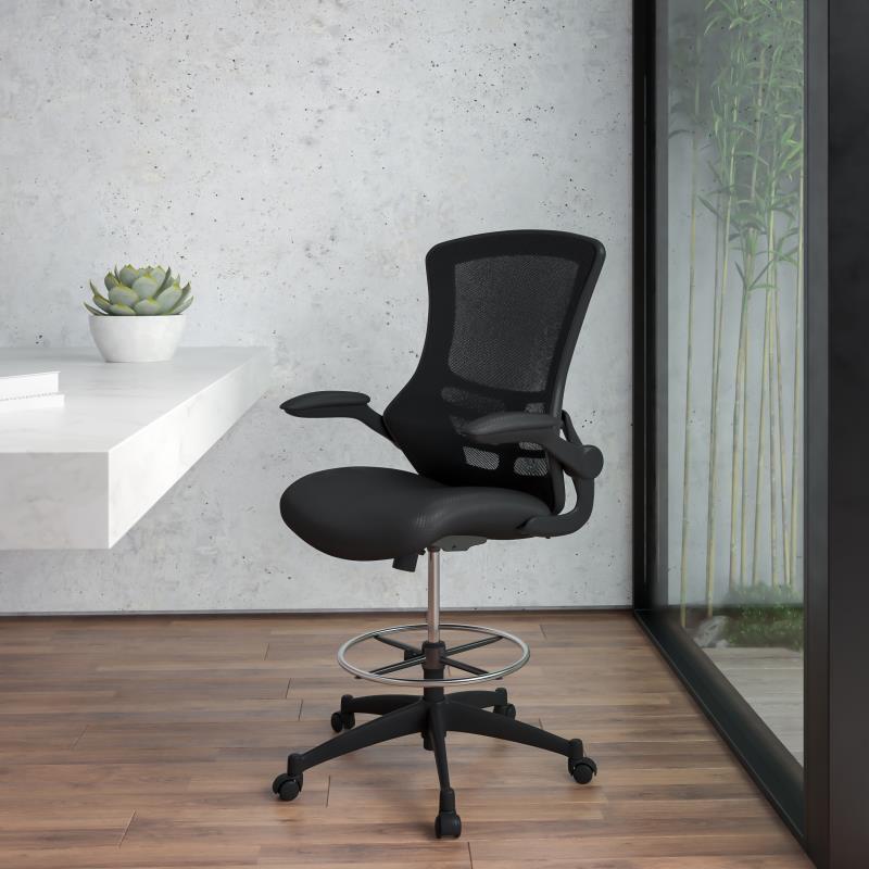 FLASH Kelista Mid Back Black Mesh Ergonomic Drafting Chair with Adjustable Foot Ring & Flip-Up Arms - Perfect for Architects, Artists & Office Workstations