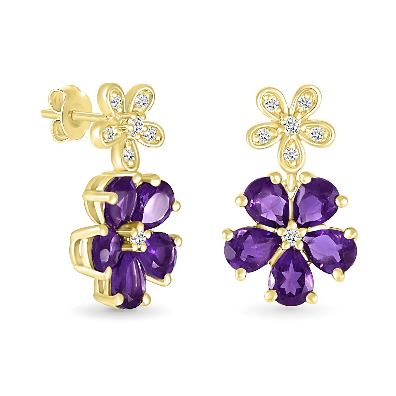 10k Yellow Gold Amethyst & White Sapphire Double Flower Drop Stud Earrings for Women – Elegant Jewelry Gift for Birthday, Anniversary & Special Occasions